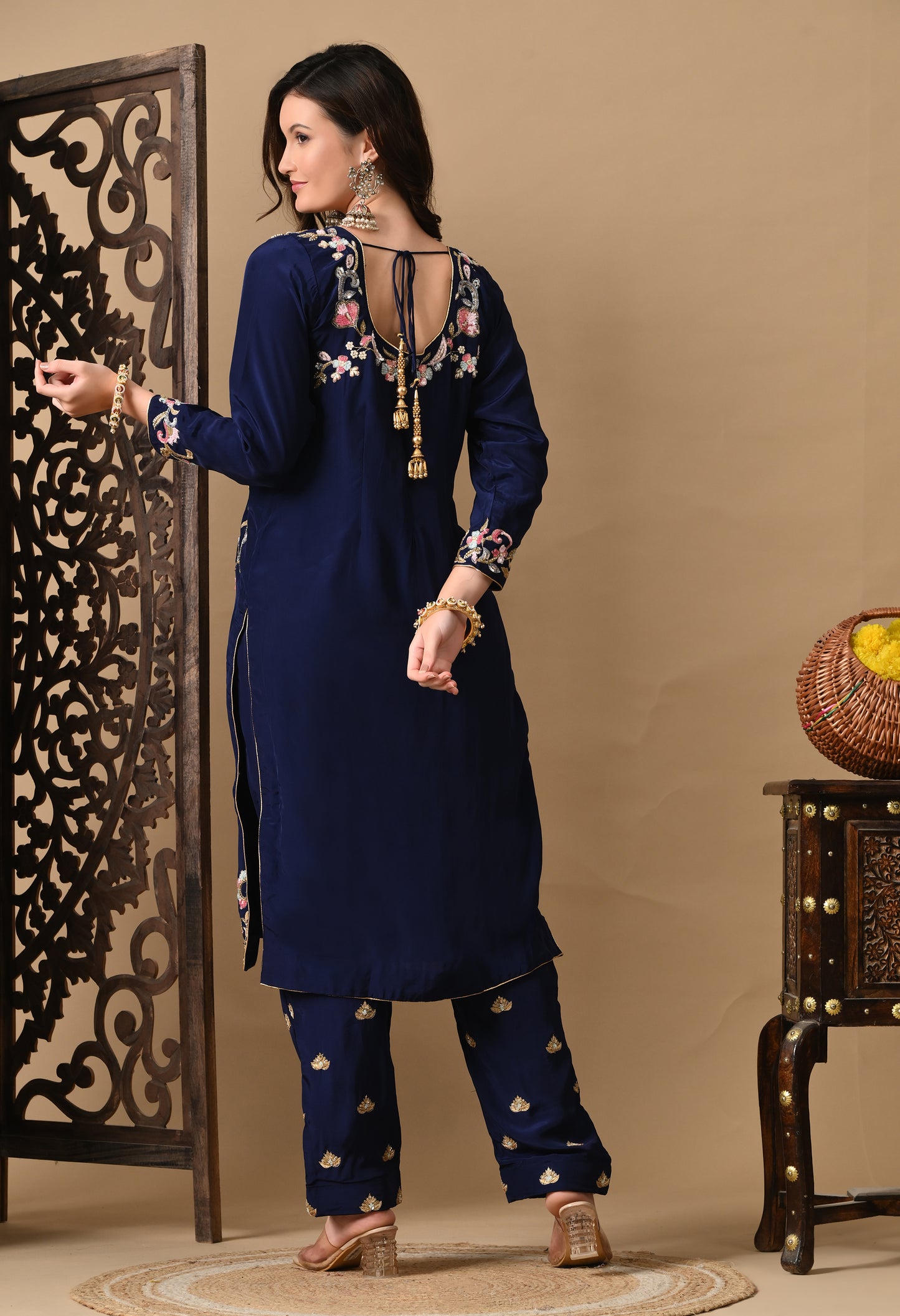 Navy Blue Zardozi Sippy Sequence Embroidered Crepe Kurta Set