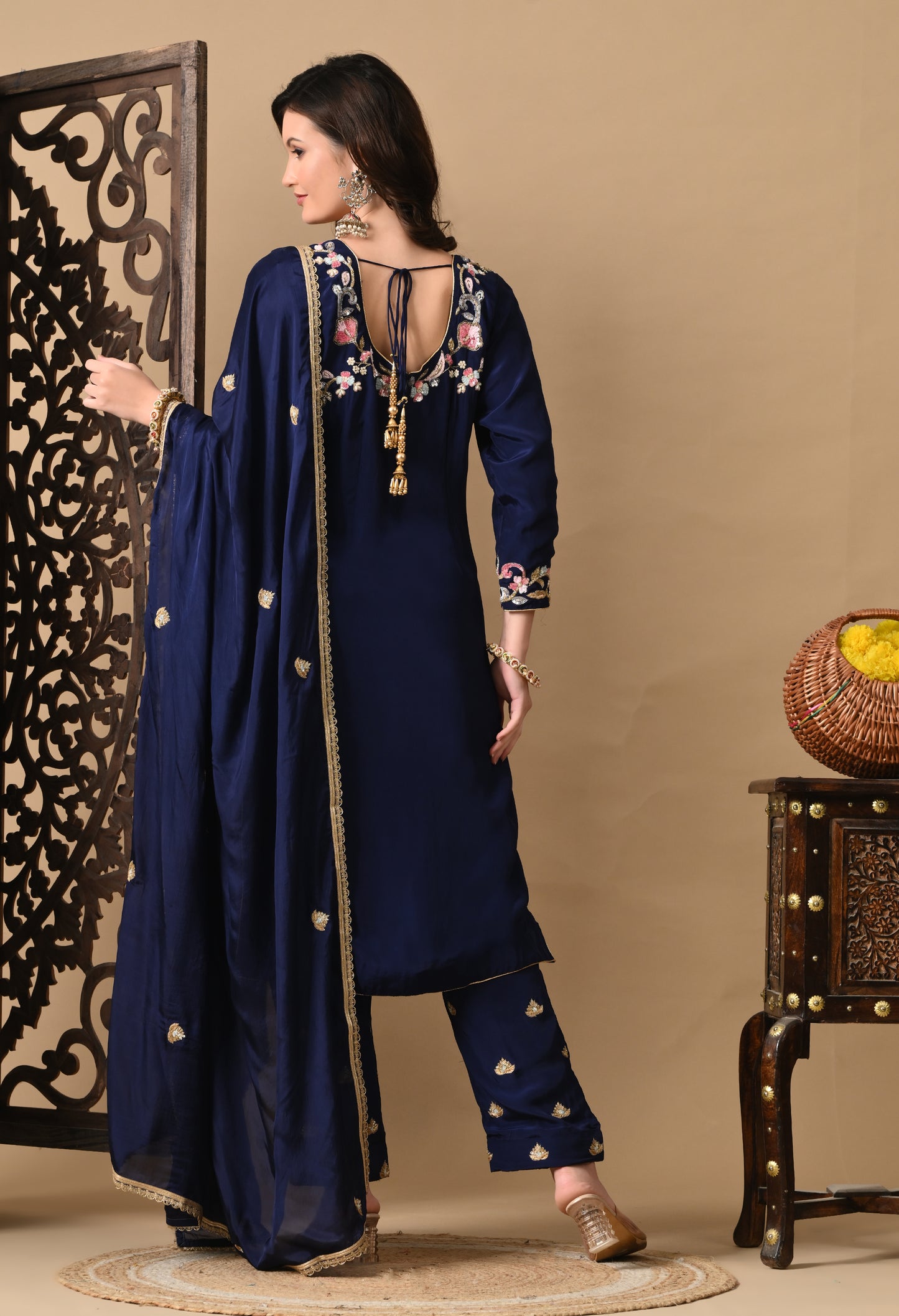 Navy Blue Zardozi Sippy Sequence Embroidered Crepe Kurta Set