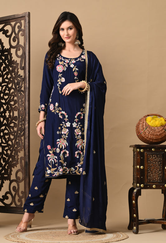 Navy Blue Zardozi Sippy Sequence Embroidered Crepe Kurta Set