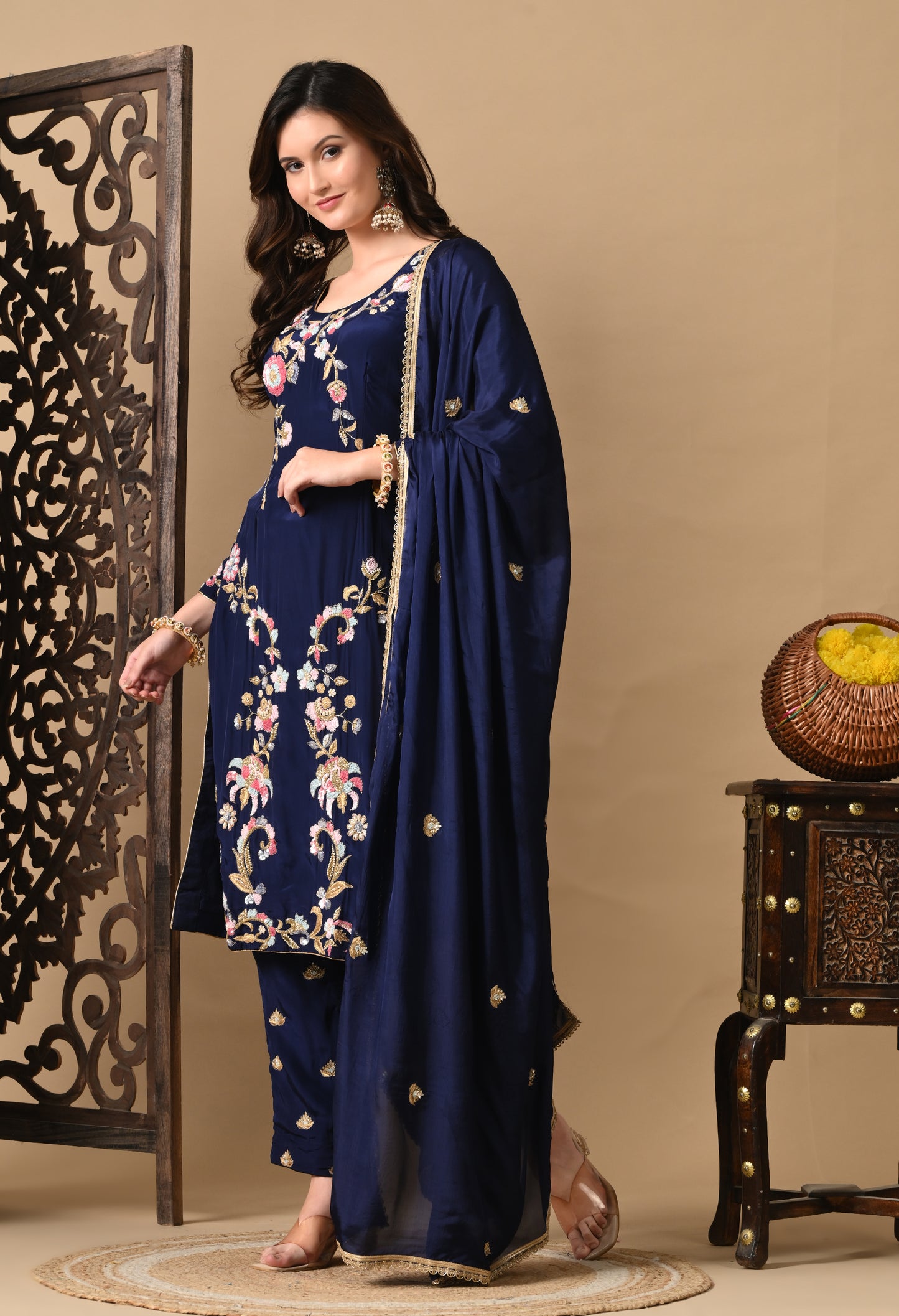 Navy Blue Zardozi Sippy Sequence Embroidered Crepe Kurta Set