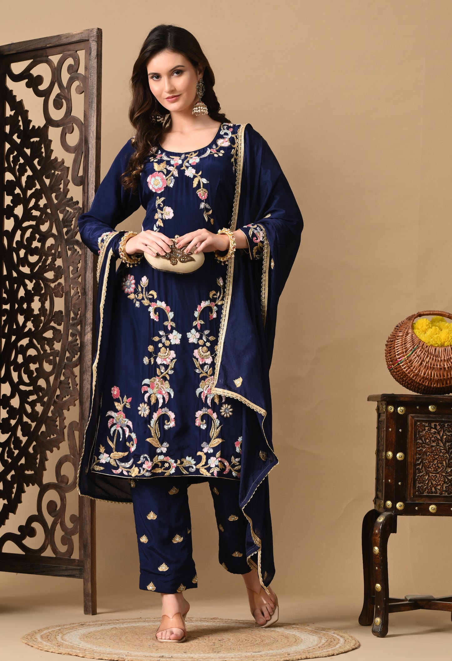 Navy Blue Zardozi Sippy Sequence Embroidered Crepe Kurta Set