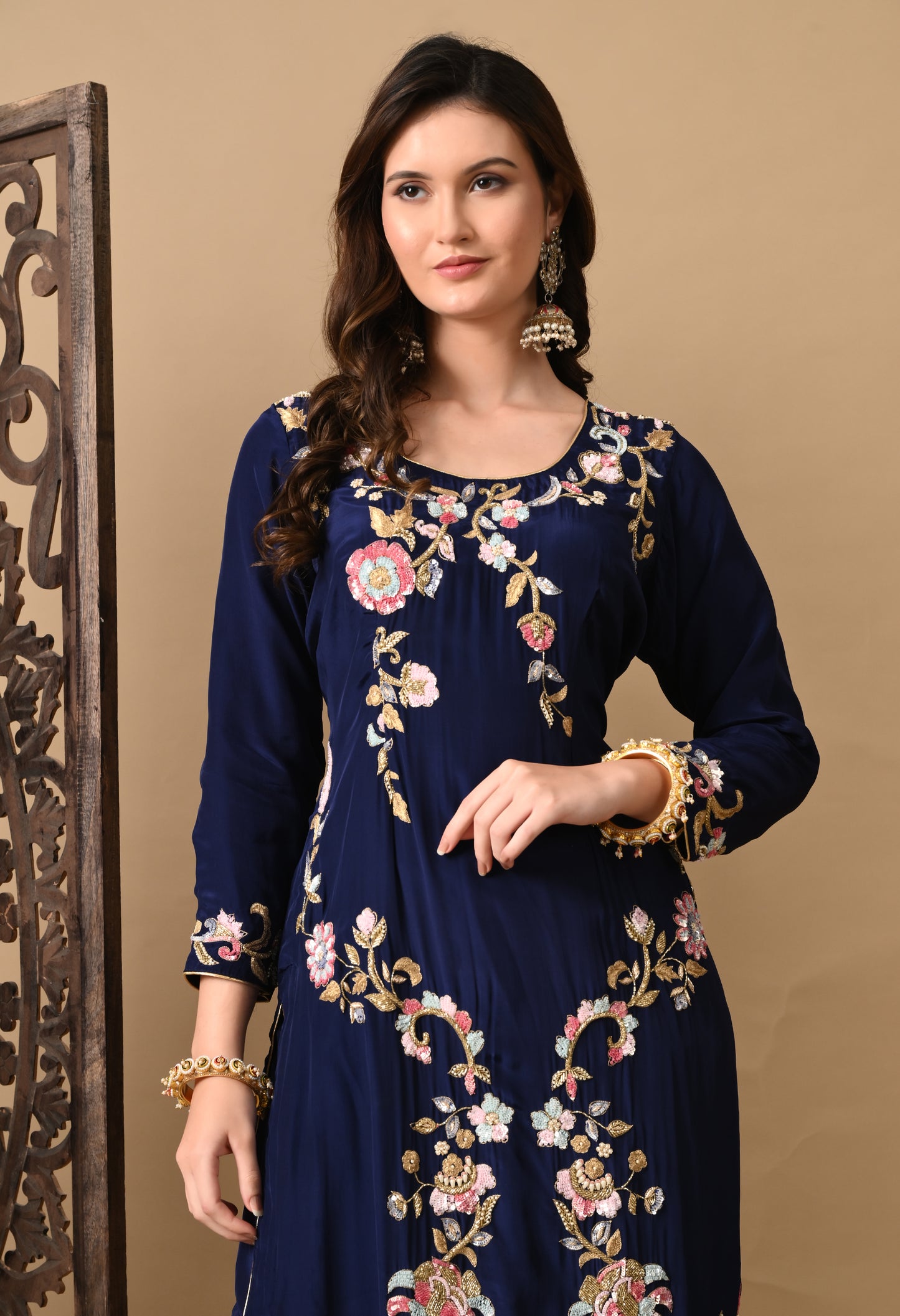 Navy Blue Zardozi Sippy Sequence Embroidered Crepe Kurta Set