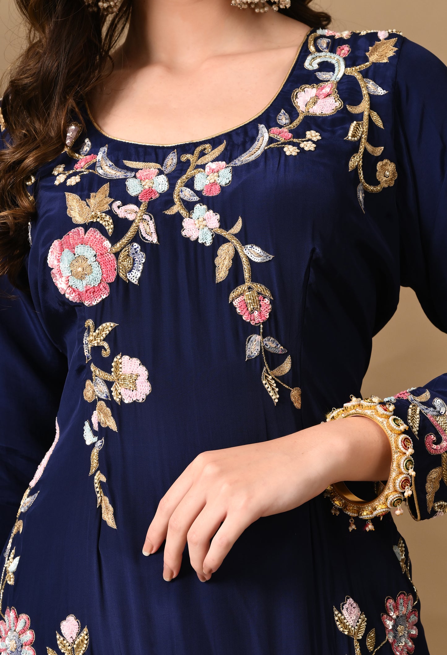 Navy Blue Zardozi Sippy Sequence Embroidered Crepe Kurta Set