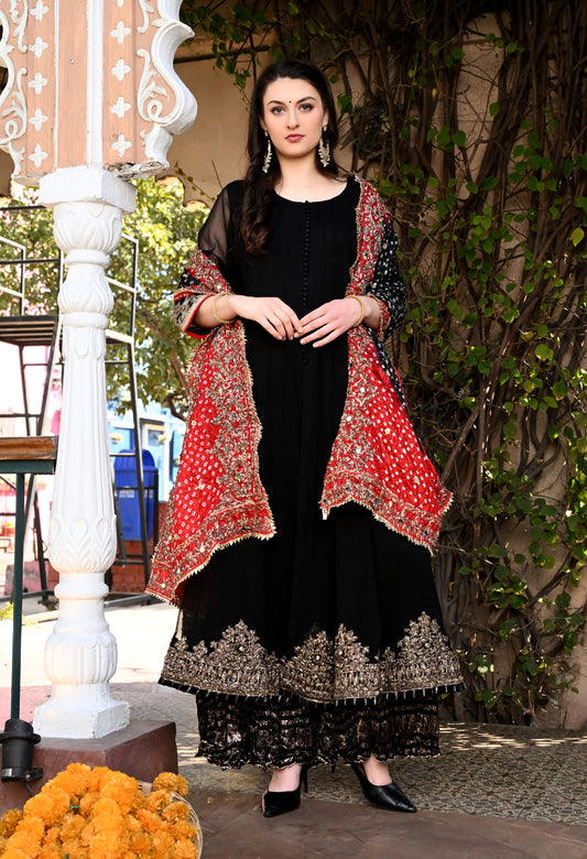 Gracious Black Sharara Set with Gotta, Sequence, Kora, and Dabka Work