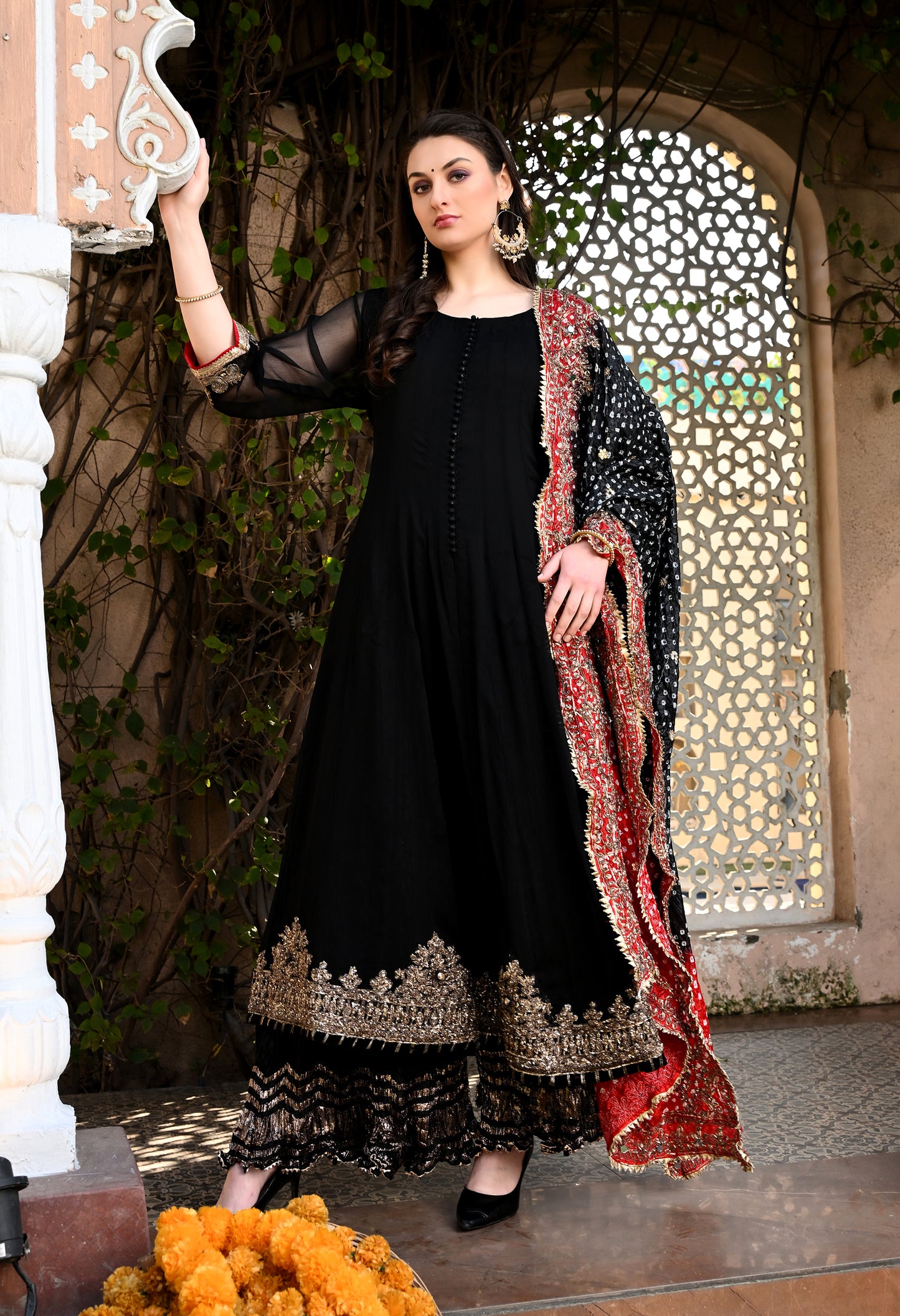 Gracious Black Sharara Set with Gotta, Sequence, Kora, and Dabka Work