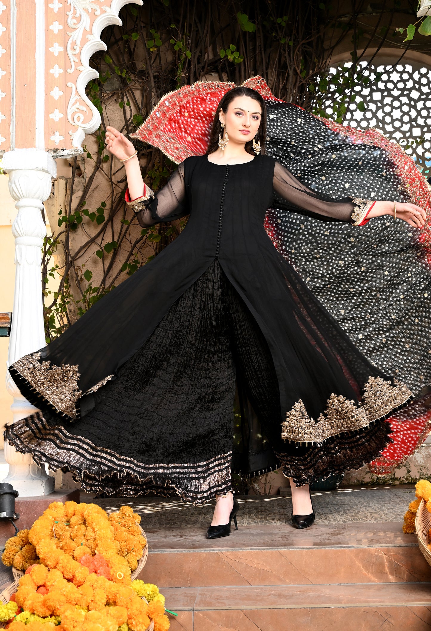 Gracious Black Sharara Set with Gotta, Sequence, Kora, and Dabka Work
