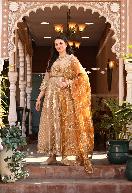 Traditional Golden Anarkali Set with Gota Patti , Sequin , Kora, and Dabka Work