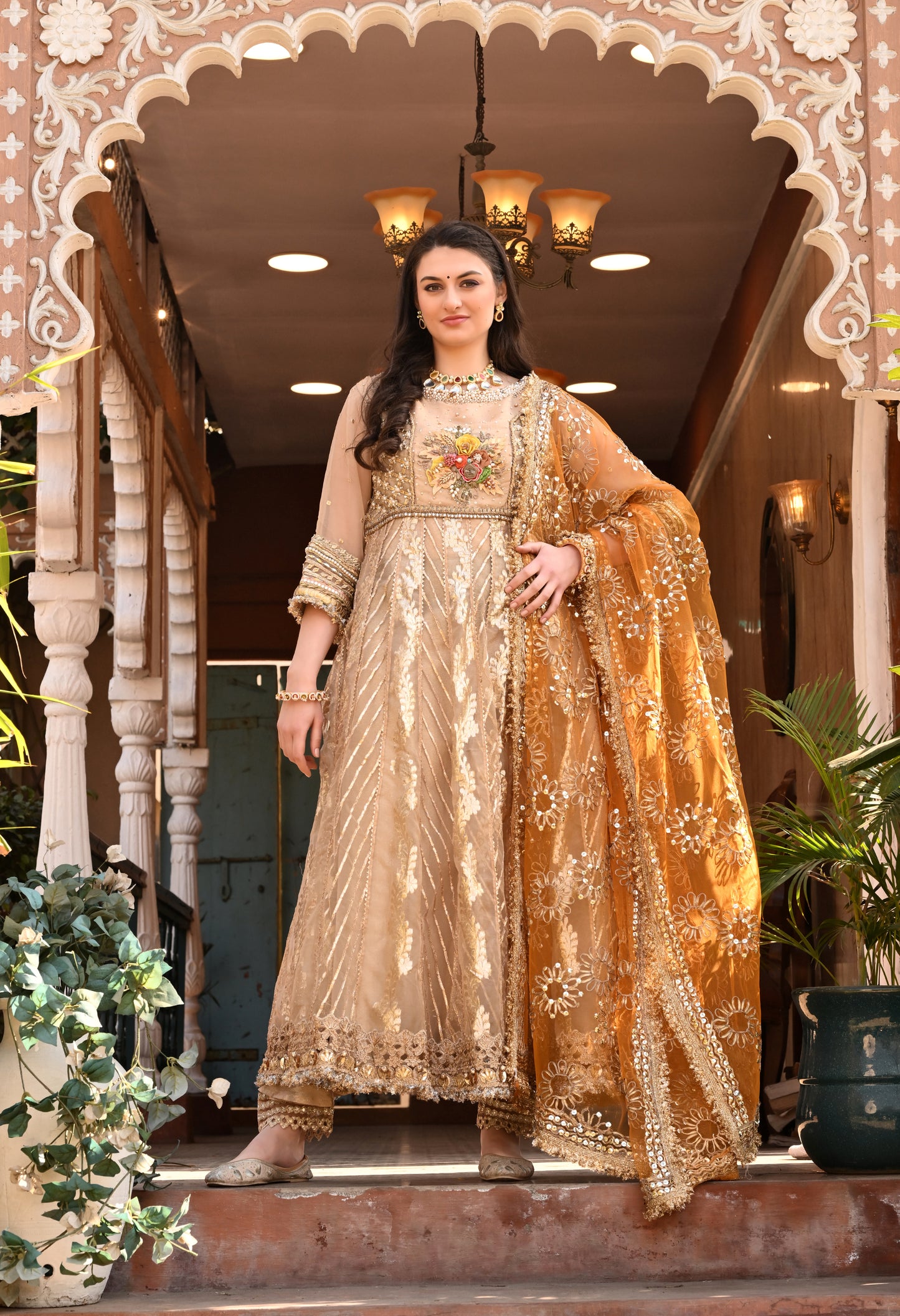 Traditional Golden Anarkali Set with Gota Patti , Sequin , Kora, and Dabka Work