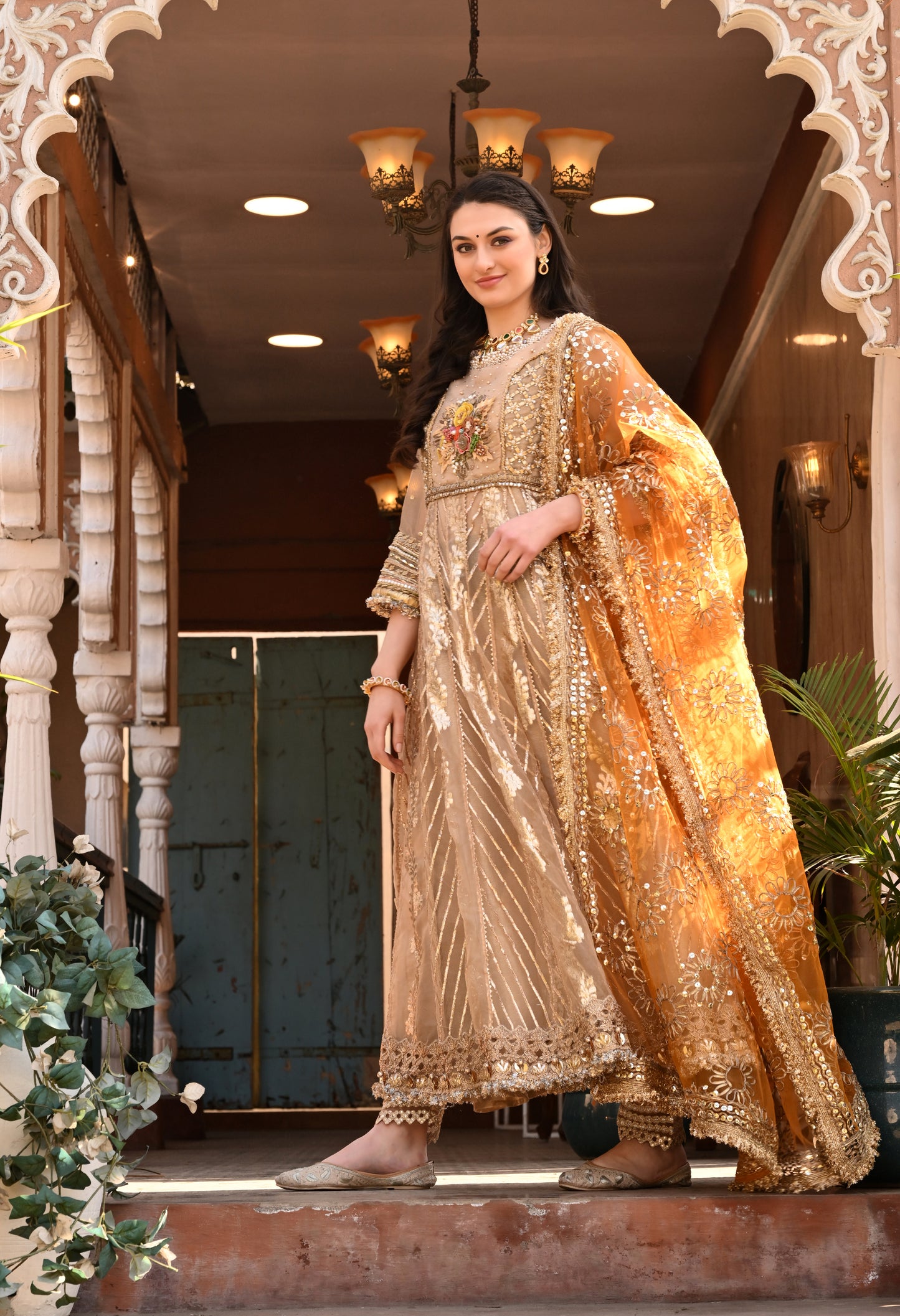 Traditional Golden Anarkali Set with Gota Patti , Sequin , Kora, and Dabka Work