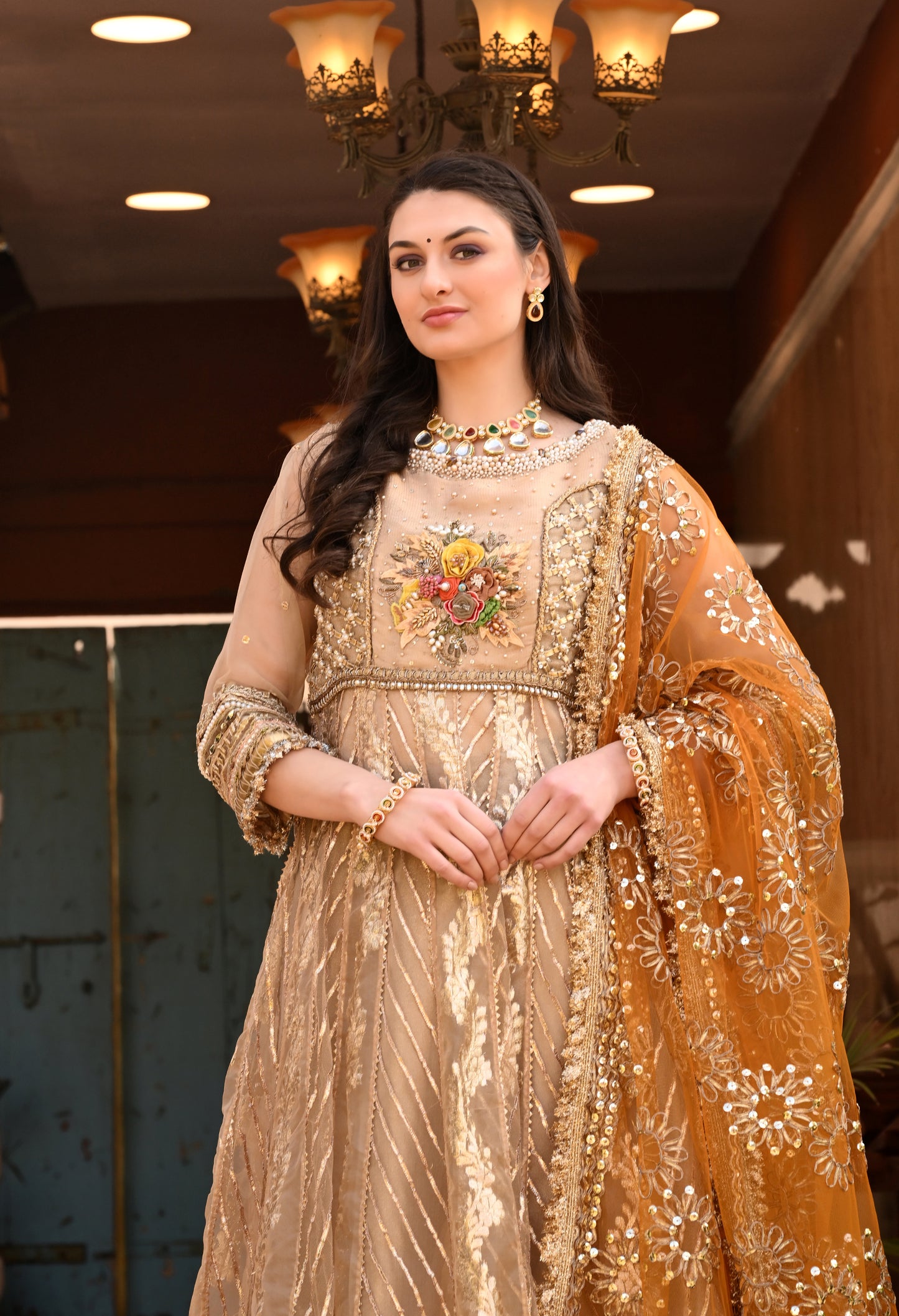 Traditional Golden Anarkali Set with Gota Patti , Sequin , Kora, and Dabka Work