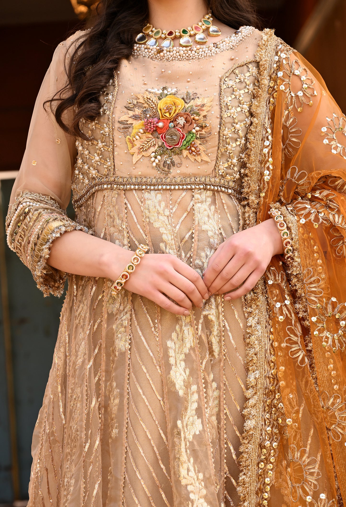 Traditional Golden Anarkali Set with Gota Patti , Sequin , Kora, and Dabka Work