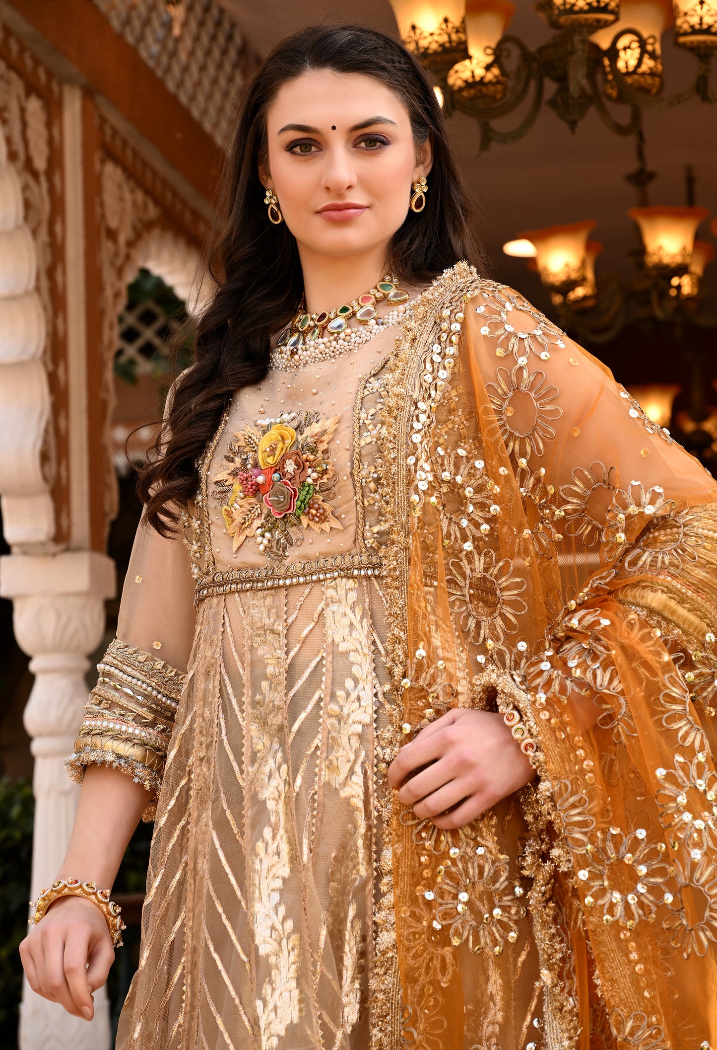 Traditional Golden Anarkali Set with Gota Patti , Sequin , Kora, and Dabka Work