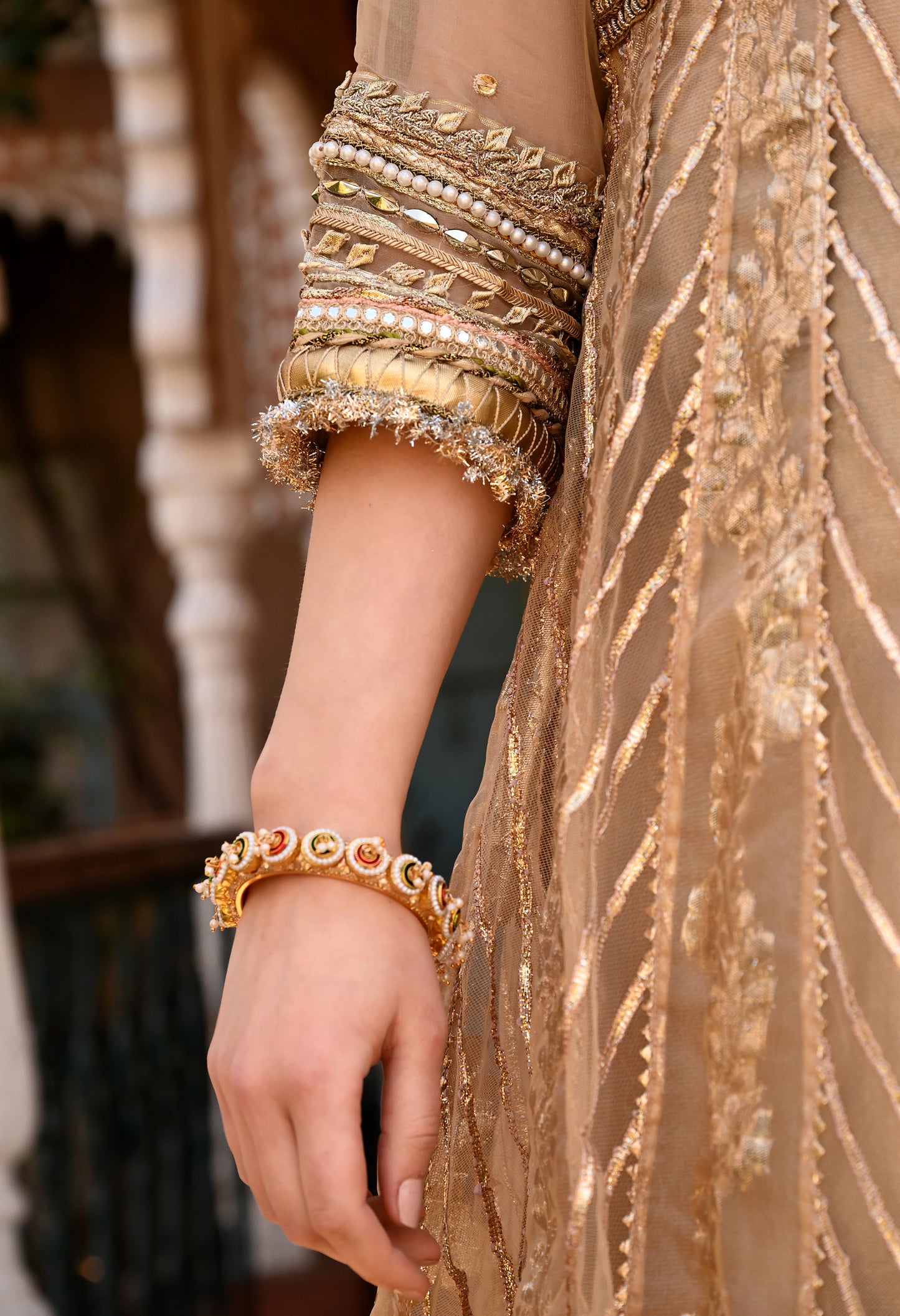 Traditional Golden Anarkali Set with Gota Patti , Sequin , Kora, and Dabka Work