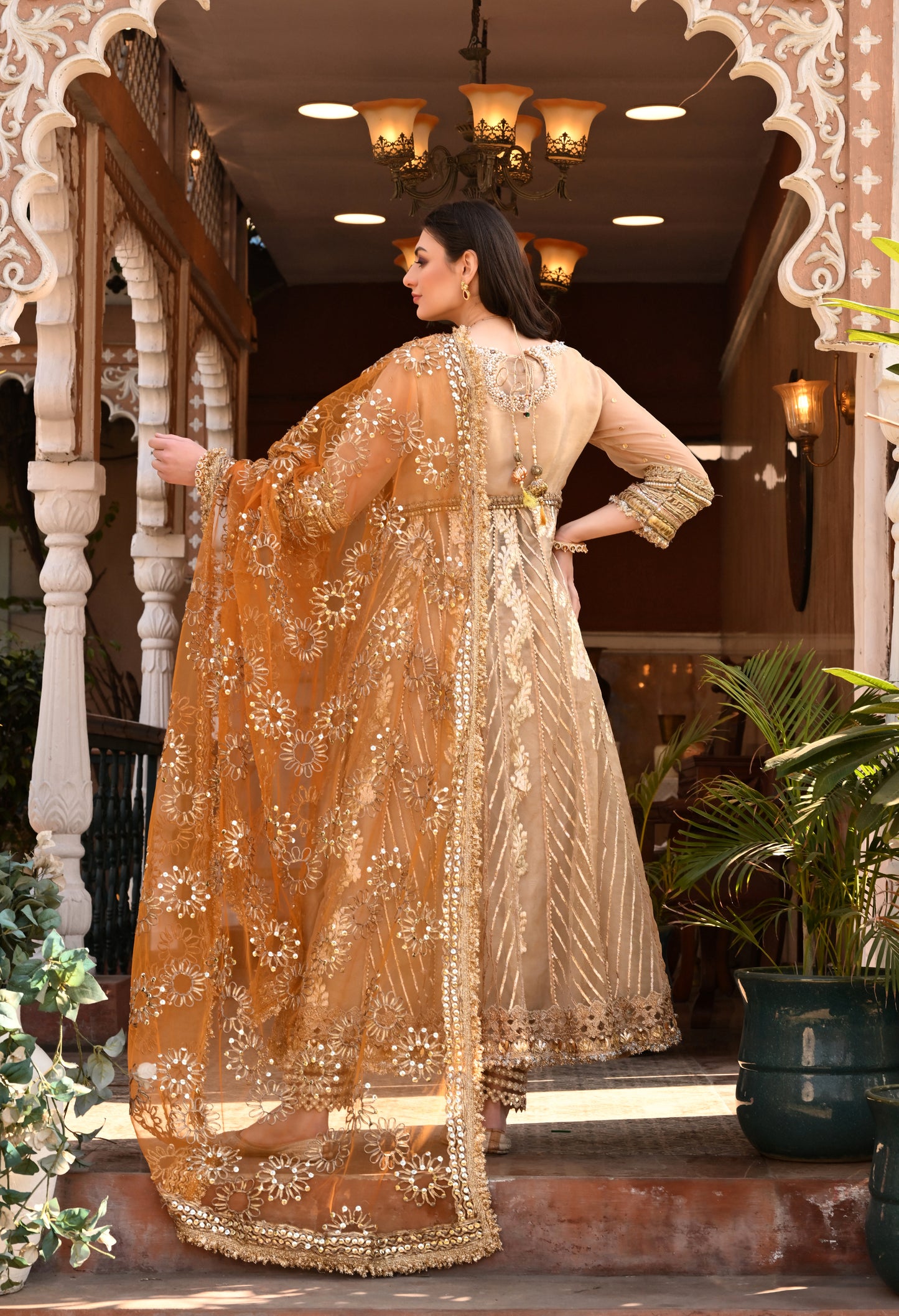 Traditional Golden Anarkali Set with Gota Patti , Sequin , Kora, and Dabka Work
