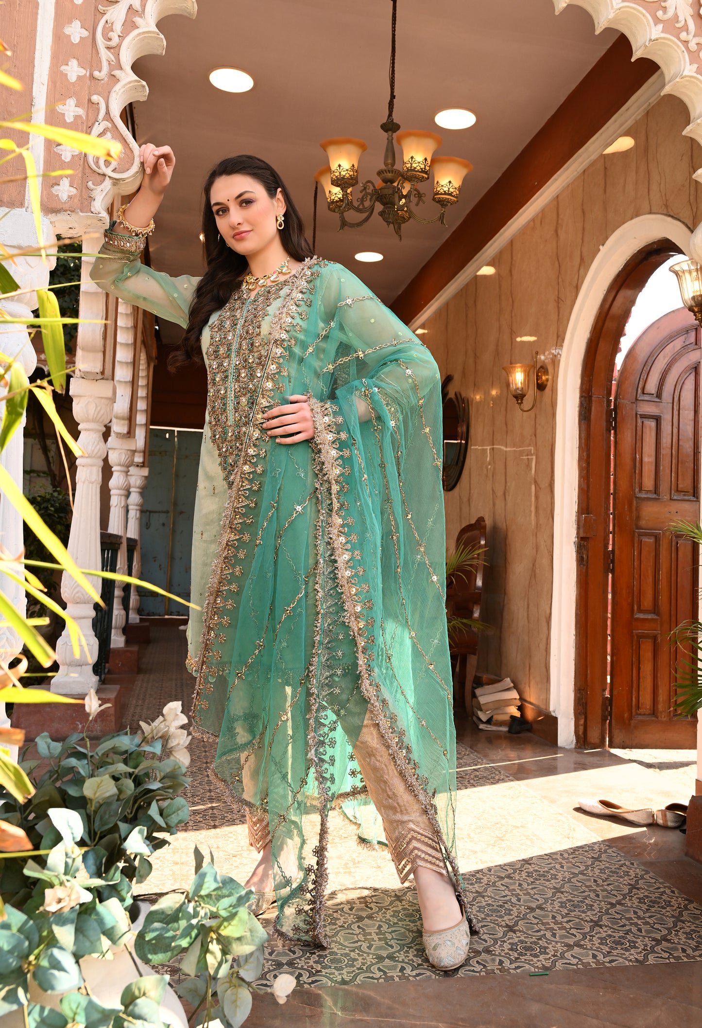 Elegant Green Kurta Set with Gota Patti, Dabka, and Mirror Work