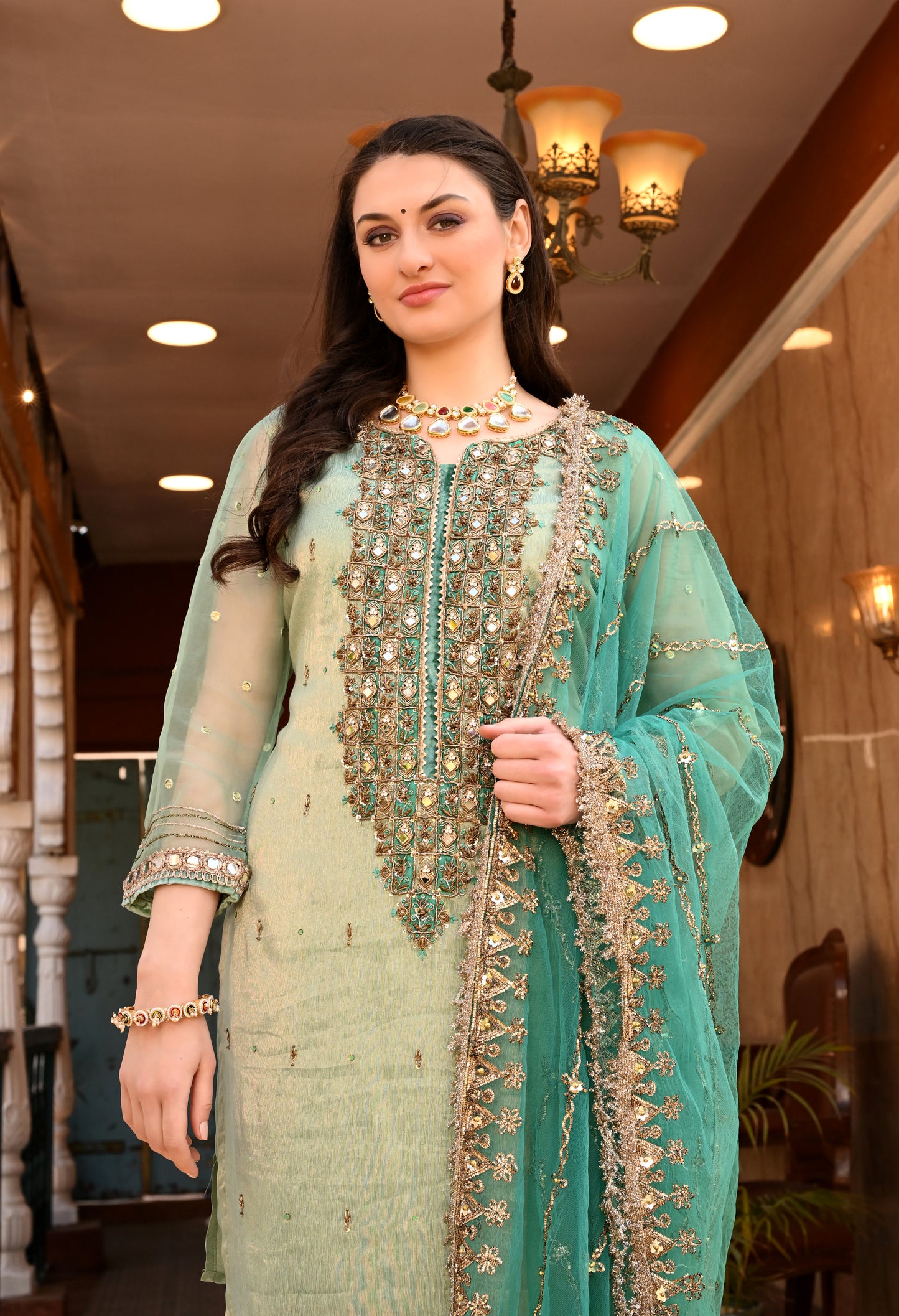 Elegant Green Kurta Set with Gota Patti, Dabka, and Mirror Work