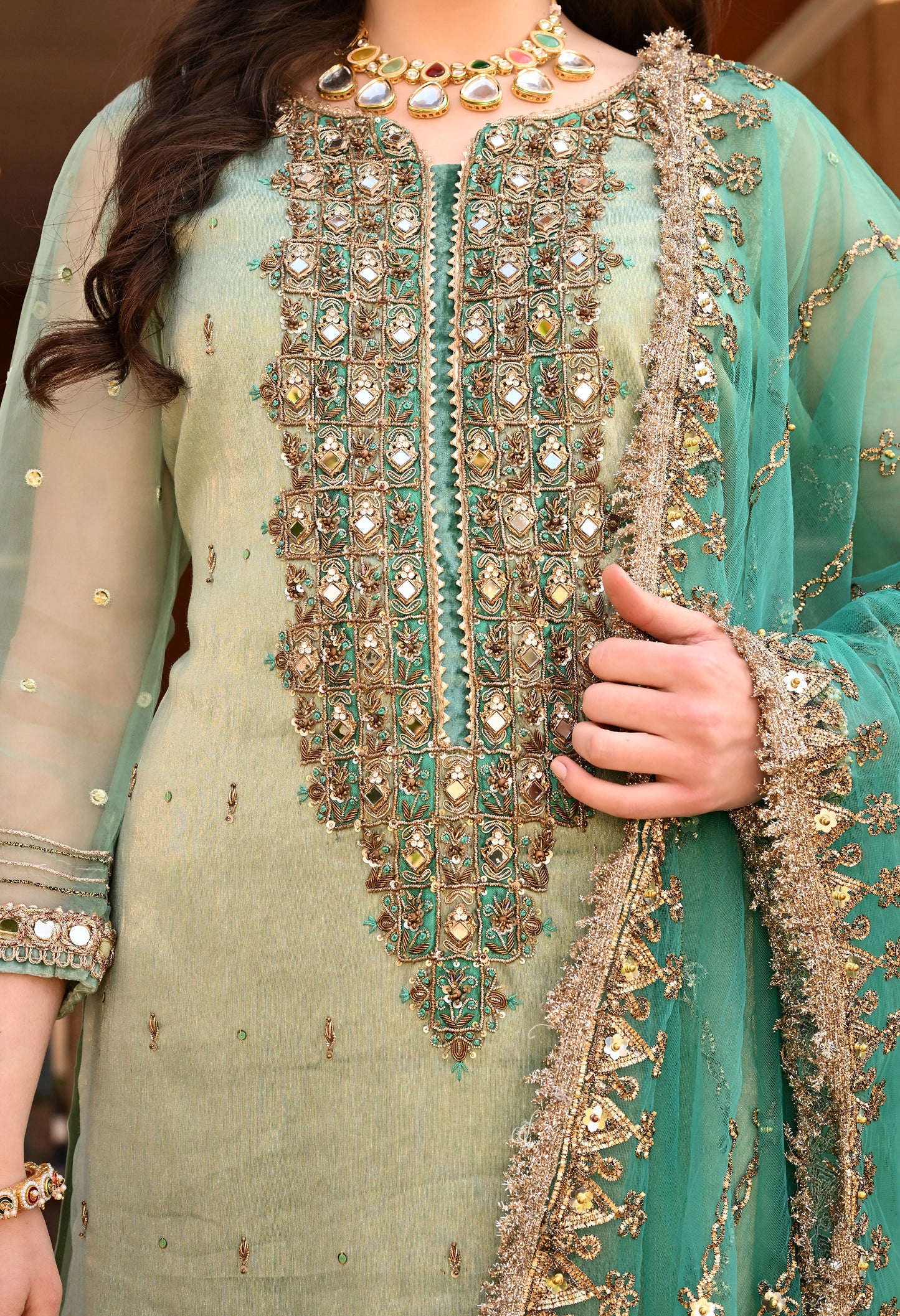 Elegant Green Kurta Set with Gota Patti, Dabka, and Mirror Work