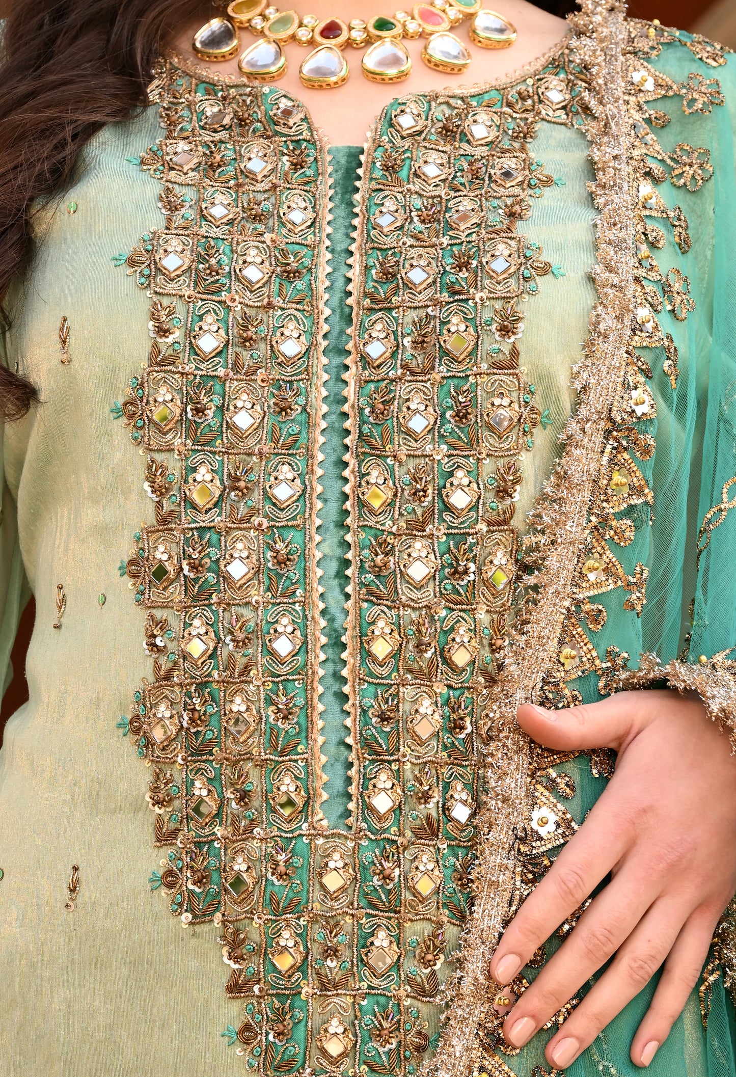 Elegant Green Kurta Set with Gota Patti, Dabka, and Mirror Work