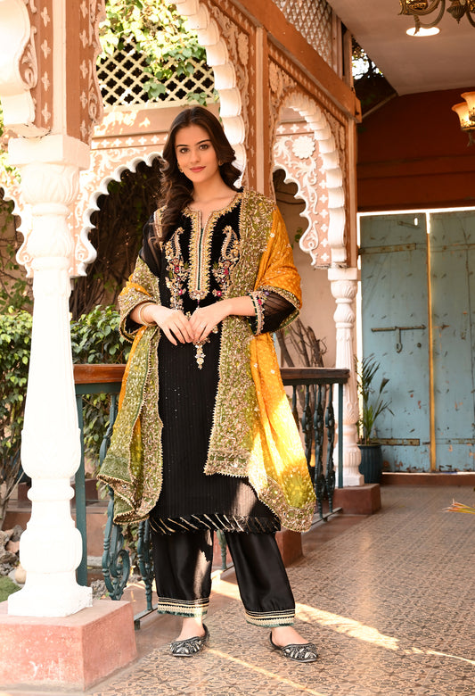 Excellent Black Kurta Set with Charming Gota Patti, Dabka, and Mirror Work