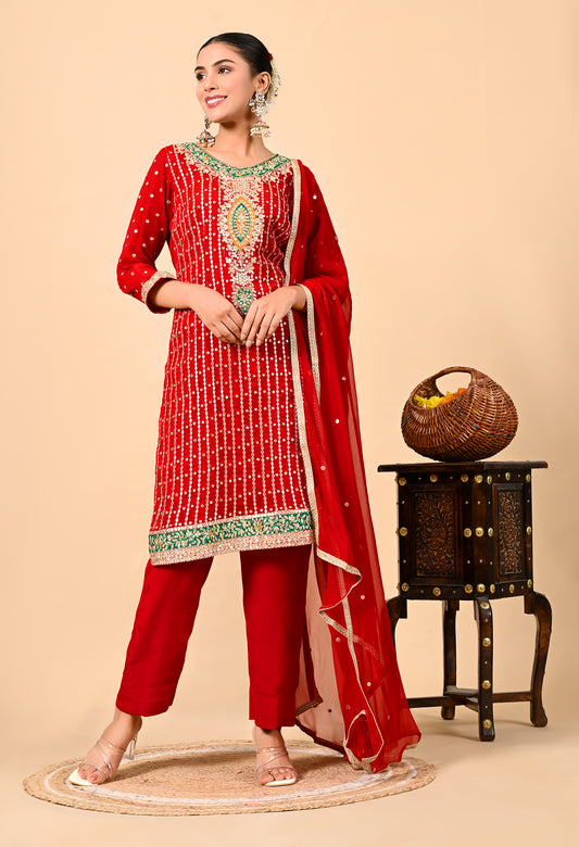 Red Kurta Set with Gota Patti, Applique, Zardozi, and Sequin Work
