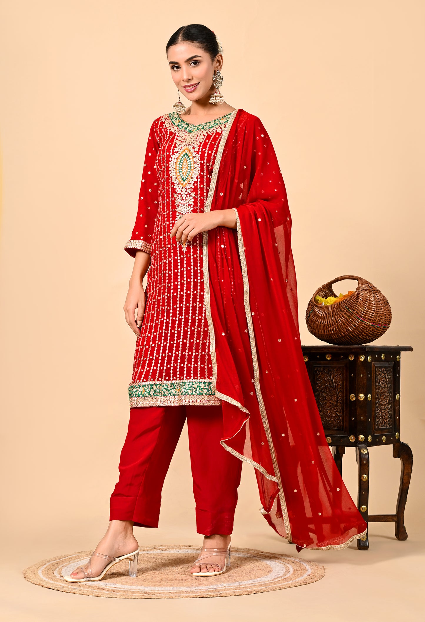 Red Kurta Set with Gota Patti, Applique, Zardozi, and Sequin Work