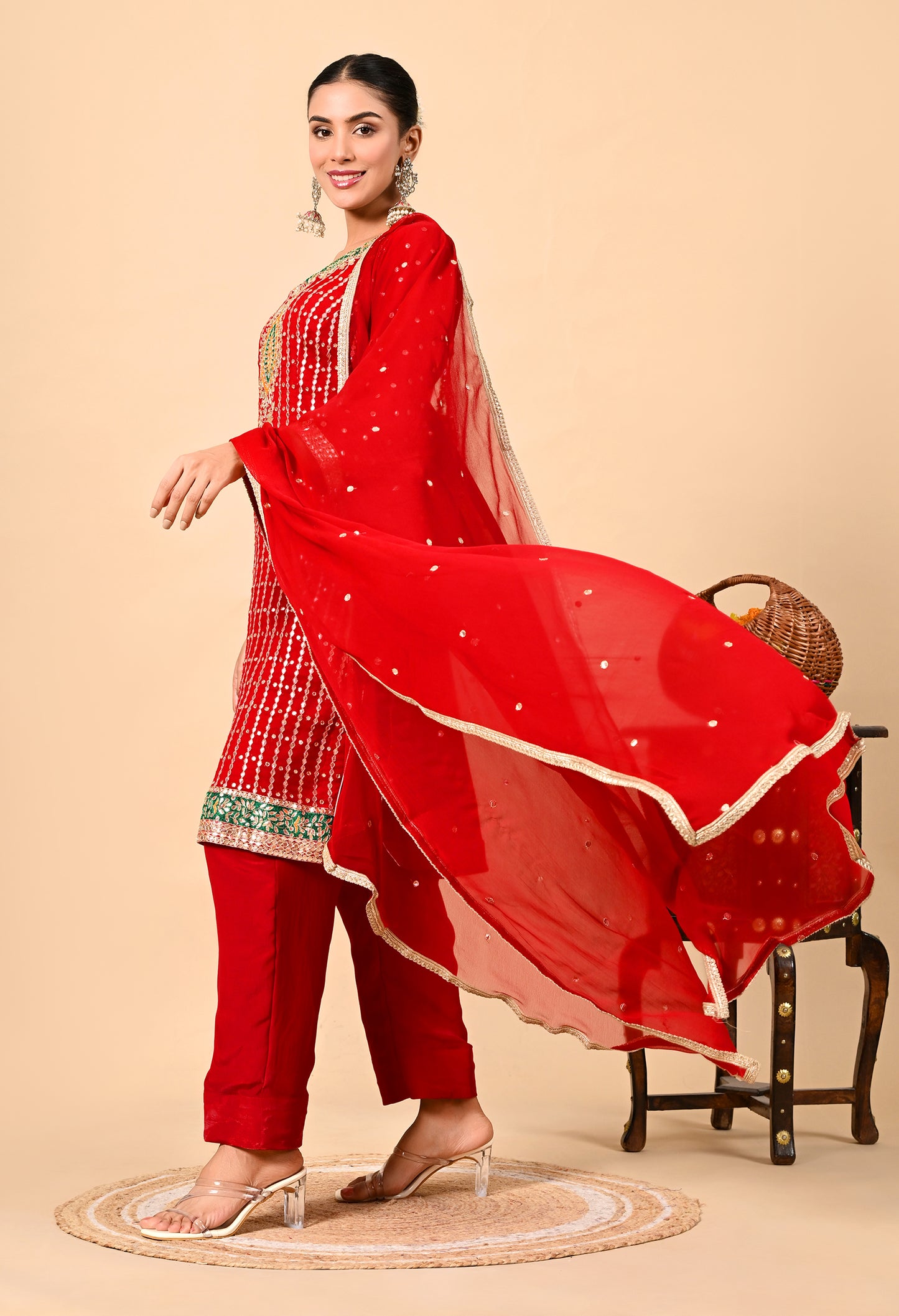 Red Kurta Set with Gota Patti, Applique, Zardozi, and Sequin Work