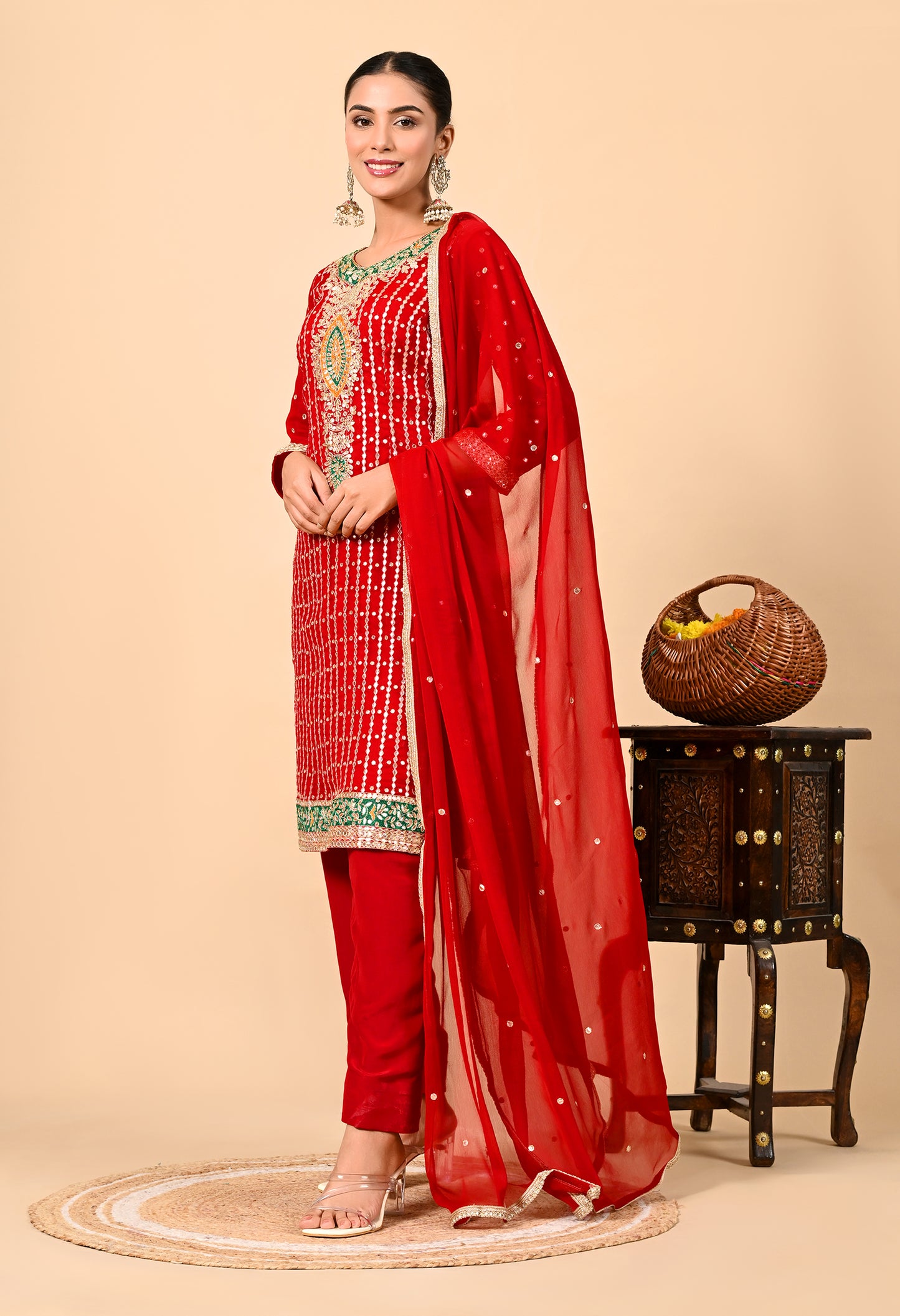 Red Kurta Set with Gota Patti, Applique, Zardozi, and Sequin Work