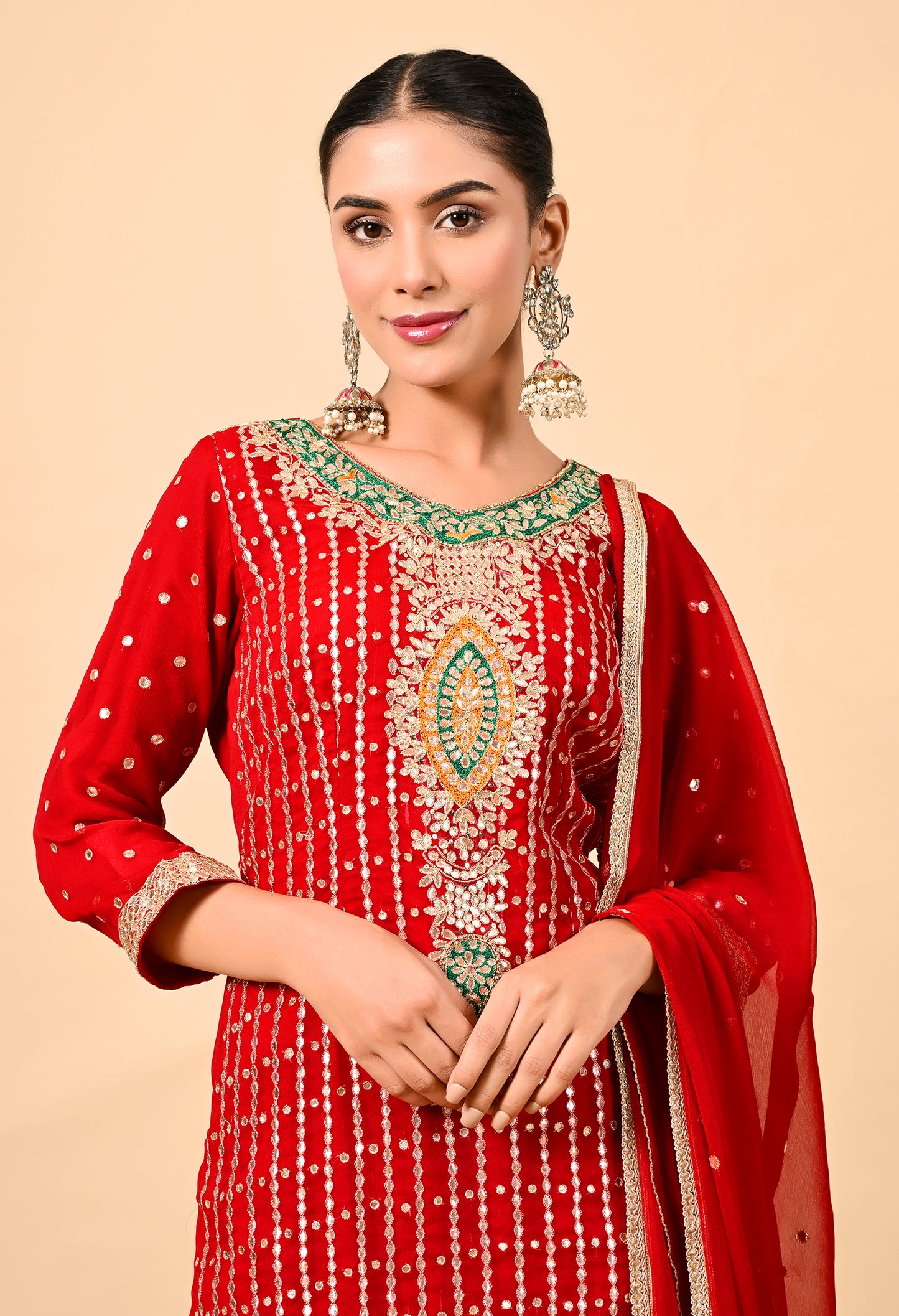 Red Kurta Set with Gota Patti, Applique, Zardozi, and Sequin Work