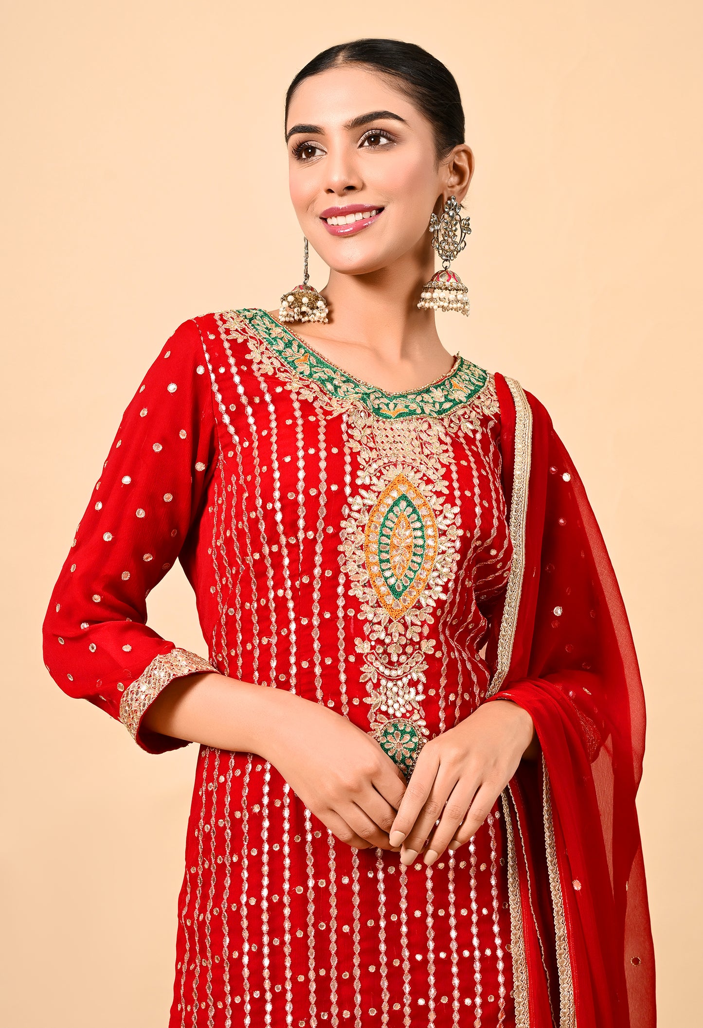 Red Kurta Set with Gota Patti, Applique, Zardozi, and Sequin Work