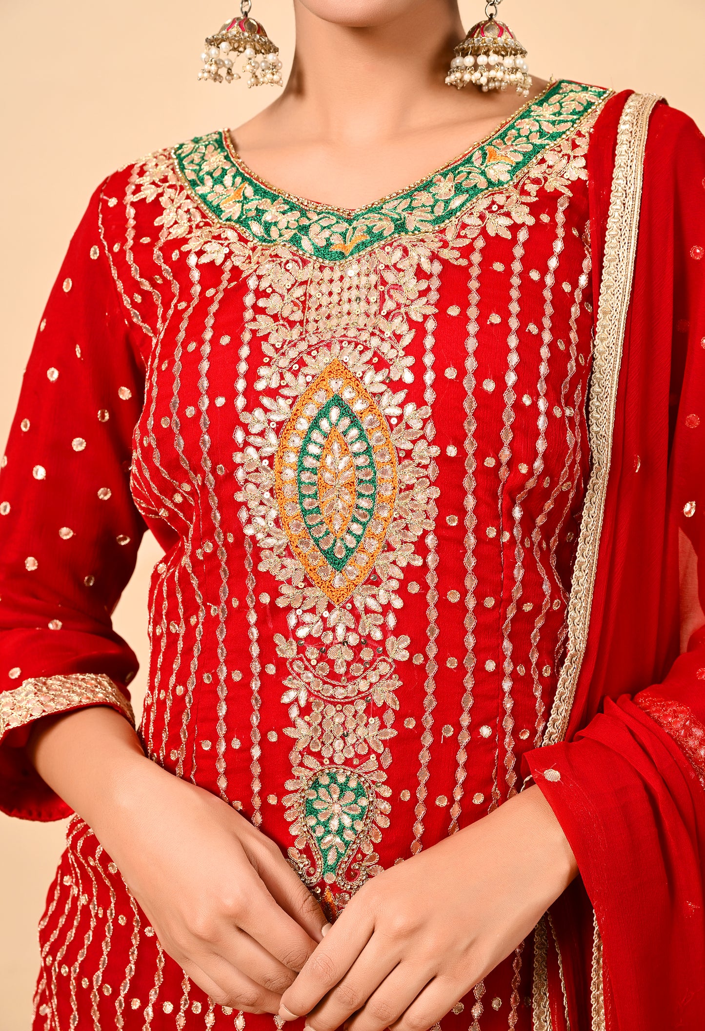 Red Kurta Set with Gota Patti, Applique, Zardozi, and Sequin Work