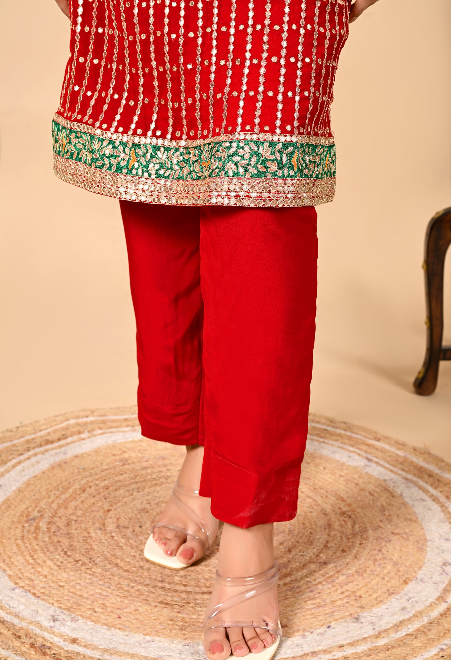 Red Kurta Set with Gota Patti, Applique, Zardozi, and Sequin Work