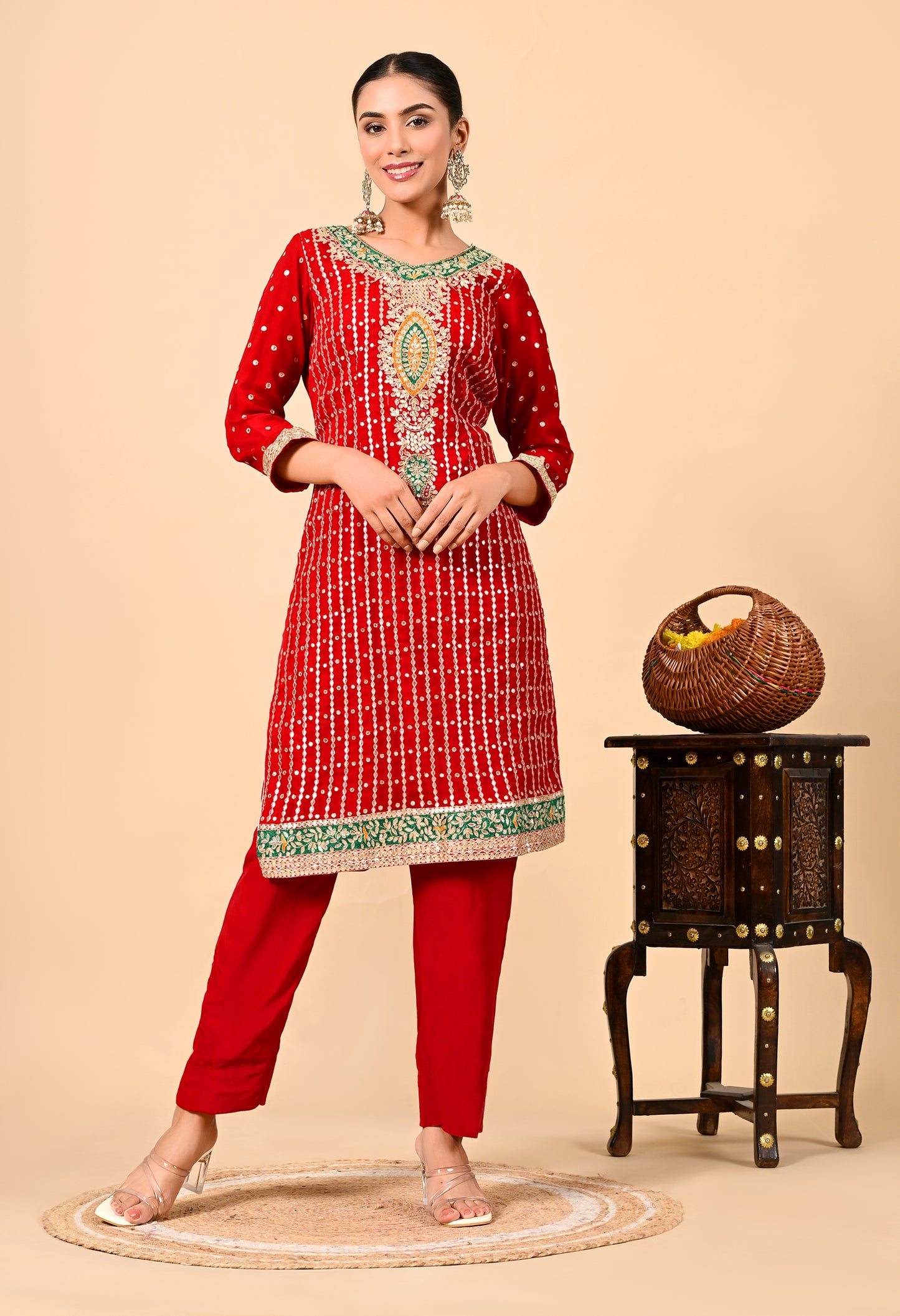 Red Kurta Set with Gota Patti, Applique, Zardozi, and Sequin Work