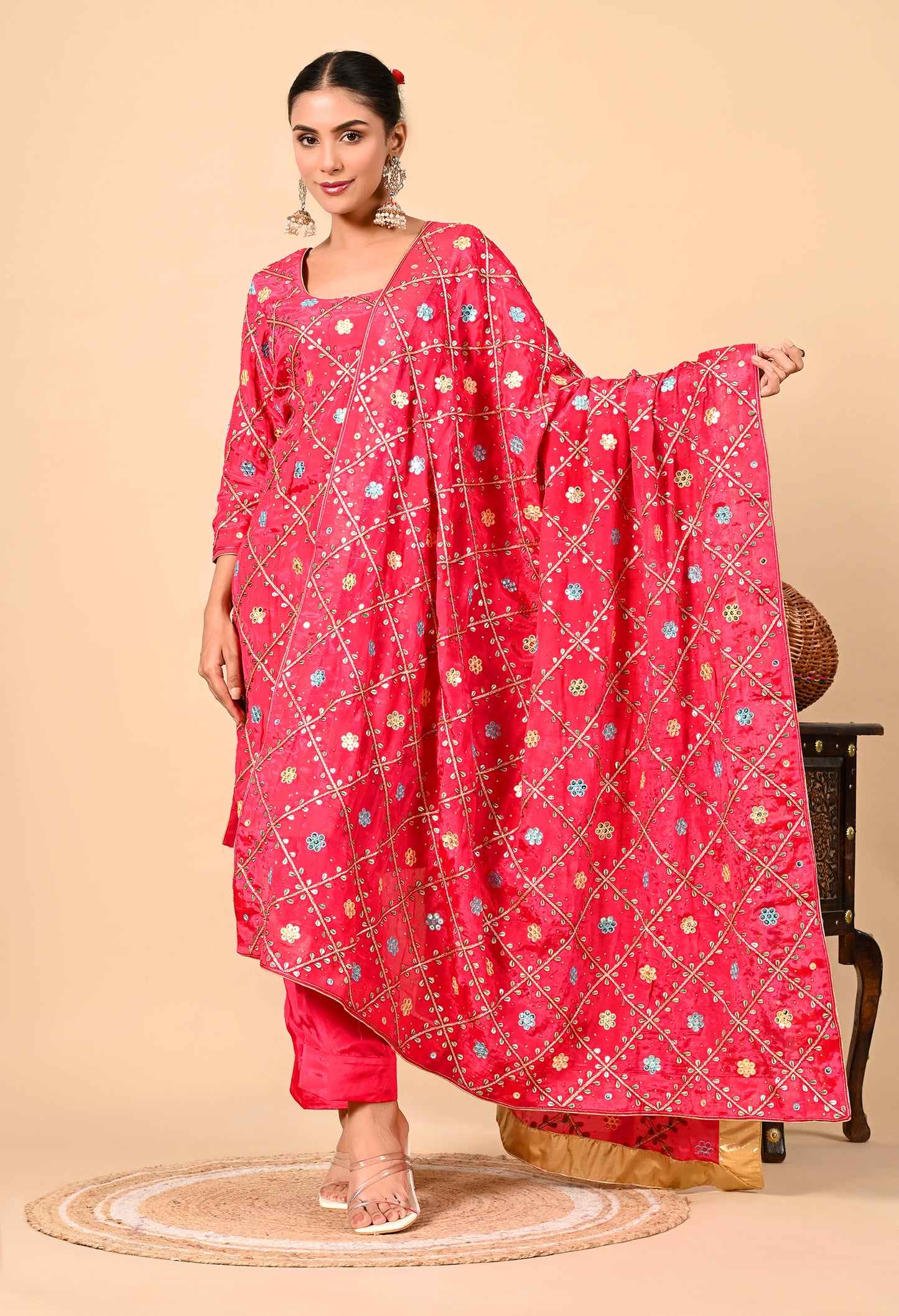 Exquisite Hot Pink Kurta Set with Gota Patti, Thread, and Mirror Work