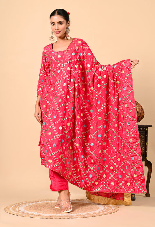 Exquisite Hot Pink Kurta Set with Gota Patti, Thread, and Mirror Work