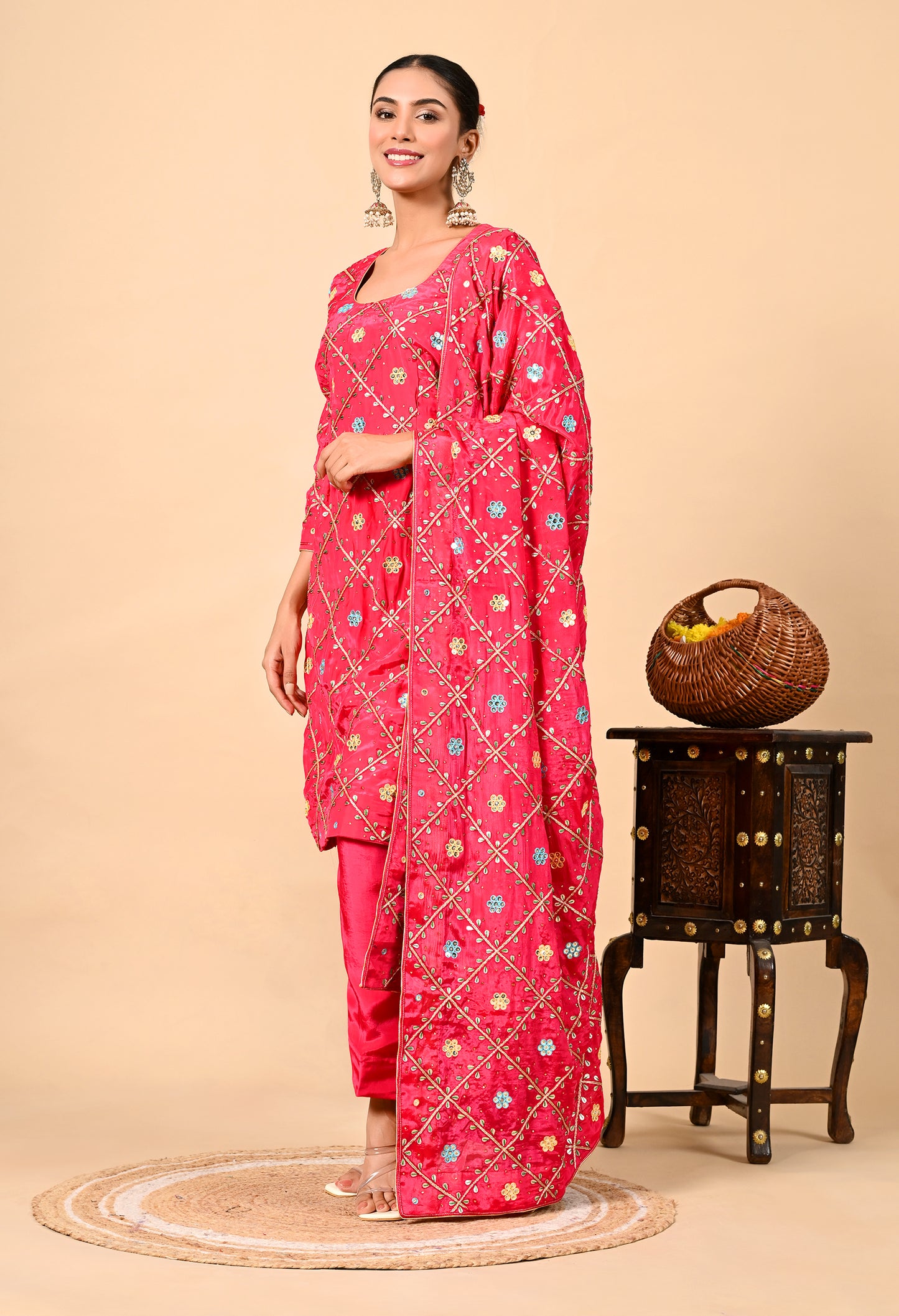 Exquisite Hot Pink Kurta Set with Gota Patti, Thread, and Mirror Work