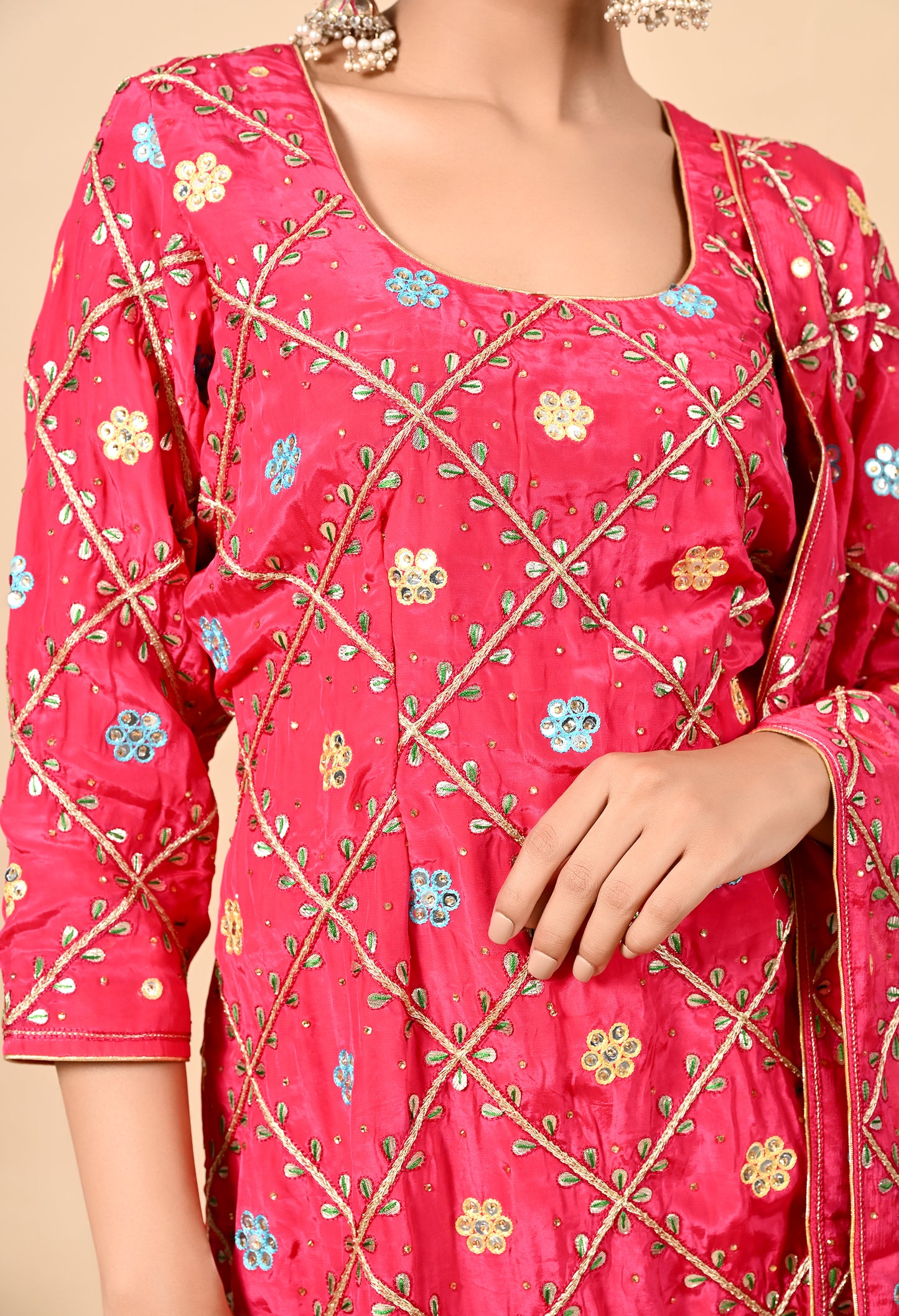 Exquisite Hot Pink Kurta Set with Gota Patti, Thread, and Mirror Work