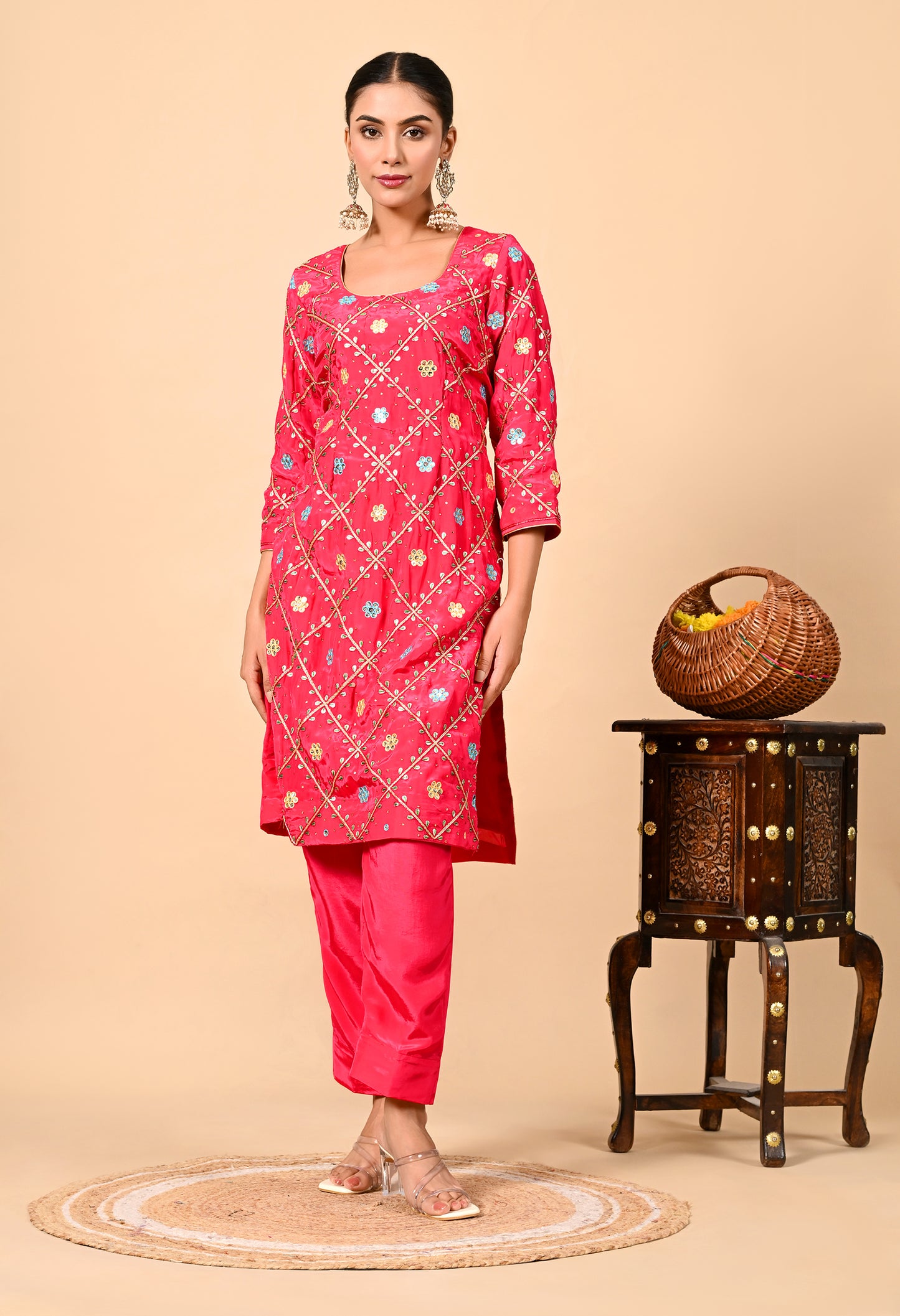 Exquisite Hot Pink Kurta Set with Gota Patti, Thread, and Mirror Work