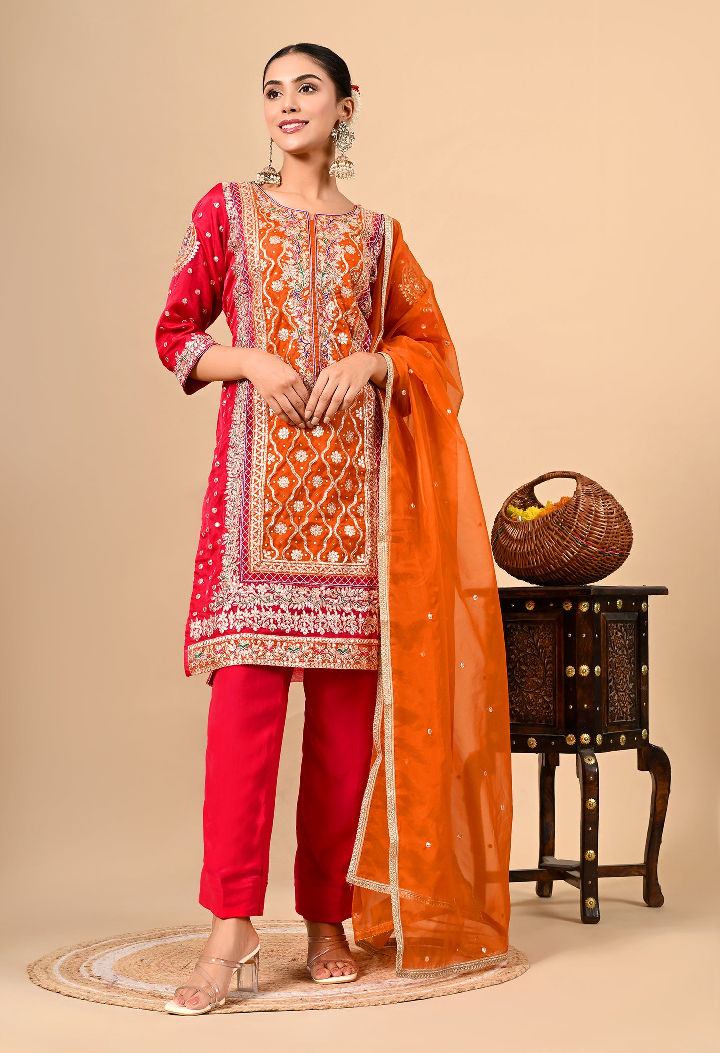 Beautiful Reddish Orange Kurta Set with Gota Patti, Thread, Zardozi, and Dabka Work