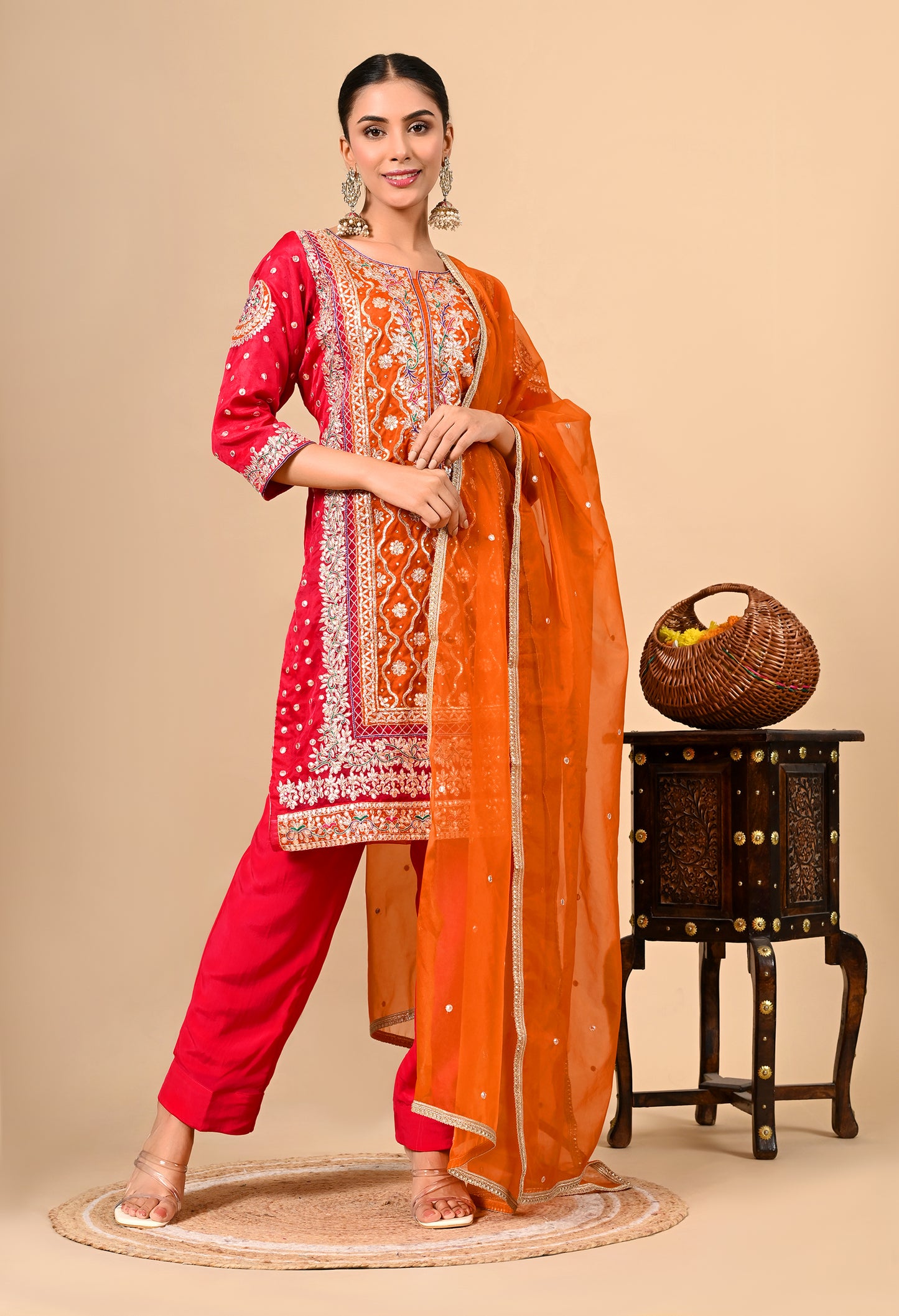 Beautiful Reddish Orange Kurta Set with Gota Patti, Thread, Zardozi, and Dabka Work