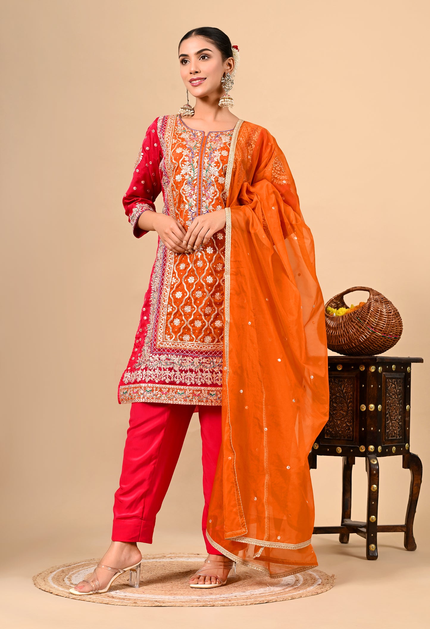 Beautiful Reddish Orange Kurta Set with Gota Patti, Thread, Zardozi, and Dabka Work