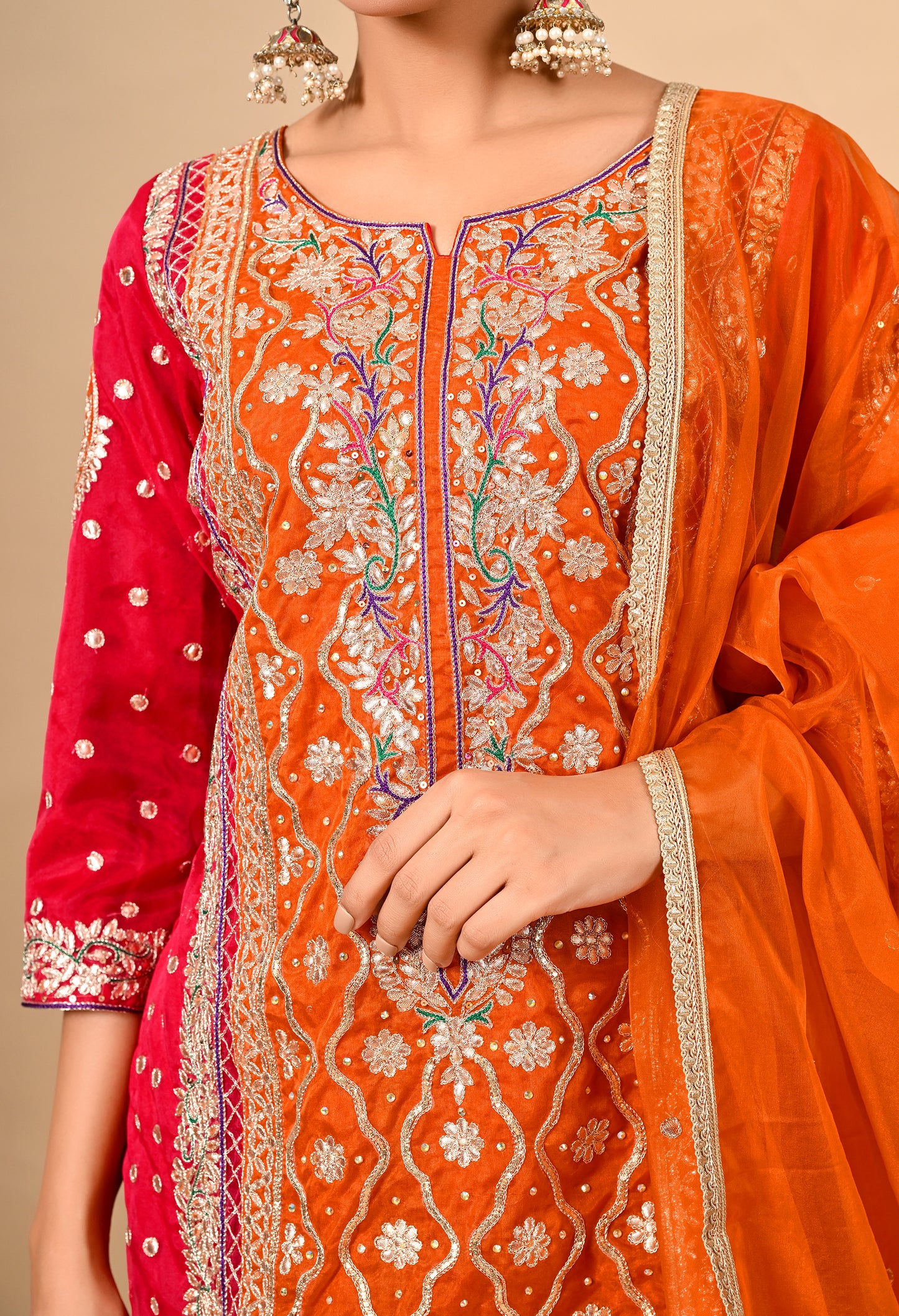 Beautiful Reddish Orange Kurta Set with Gota Patti, Thread, Zardozi, and Dabka Work