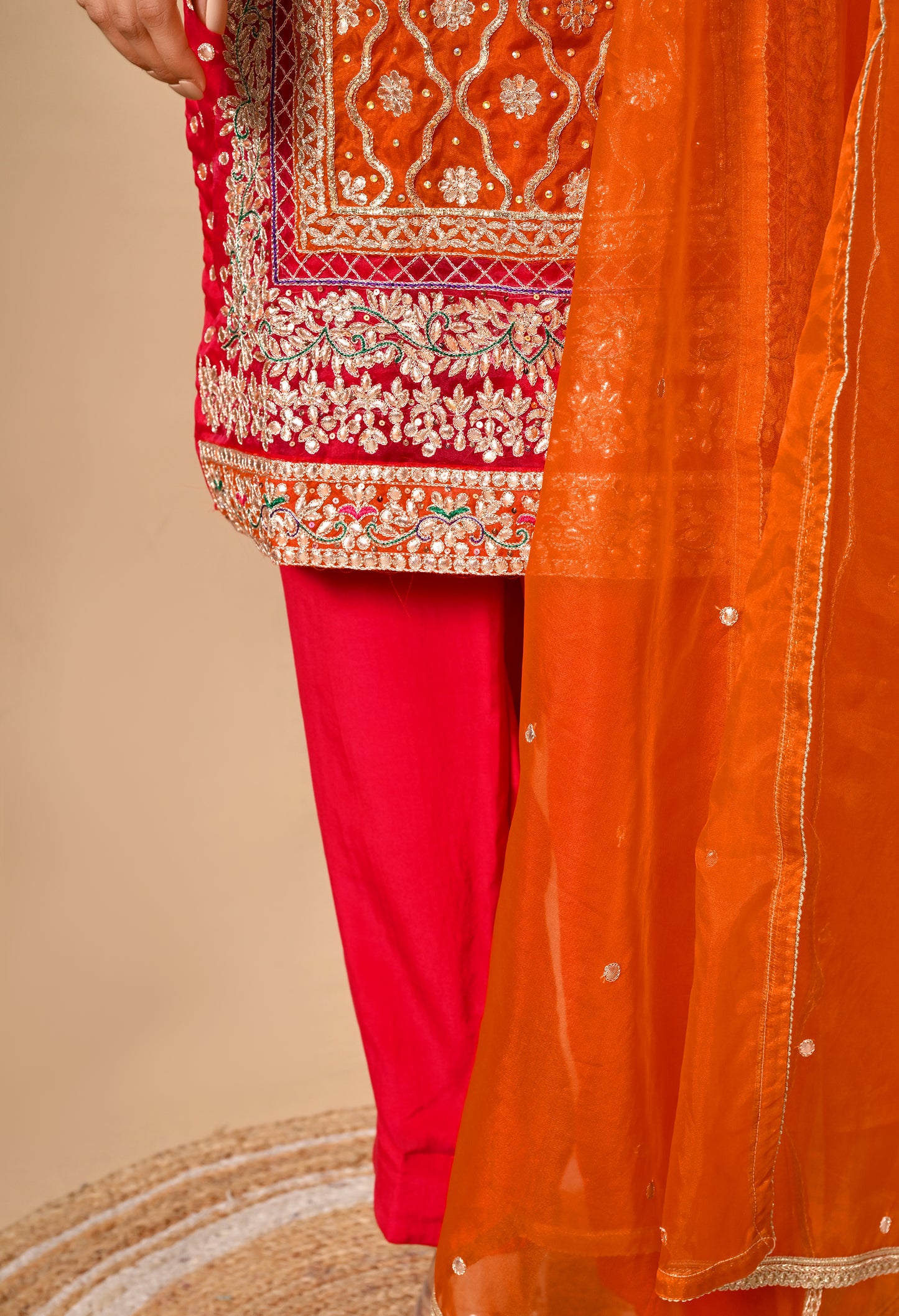 Beautiful Reddish Orange Kurta Set with Gota Patti, Thread, Zardozi, and Dabka Work