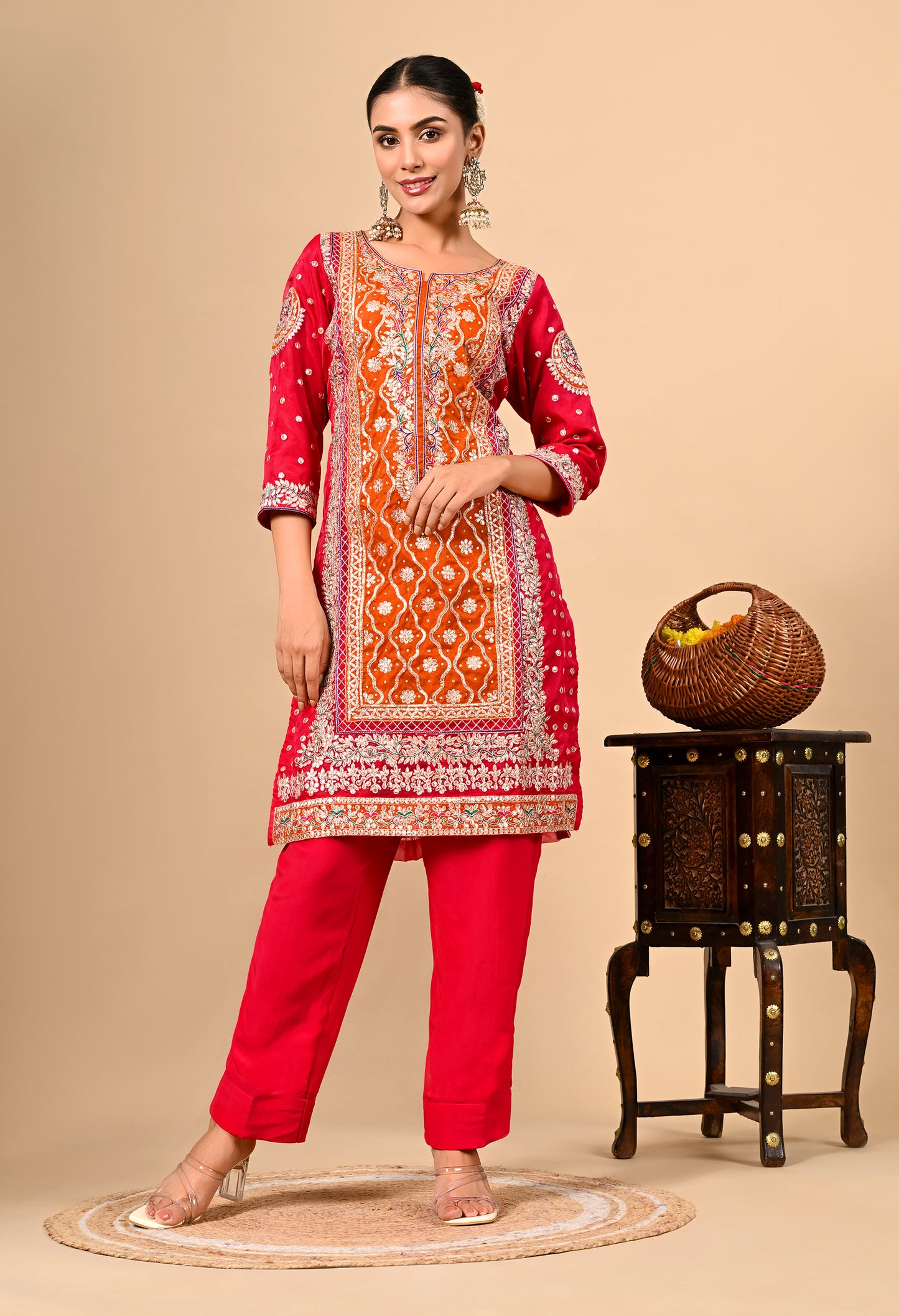 Beautiful Reddish Orange Kurta Set with Gota Patti, Thread, Zardozi, and Dabka Work
