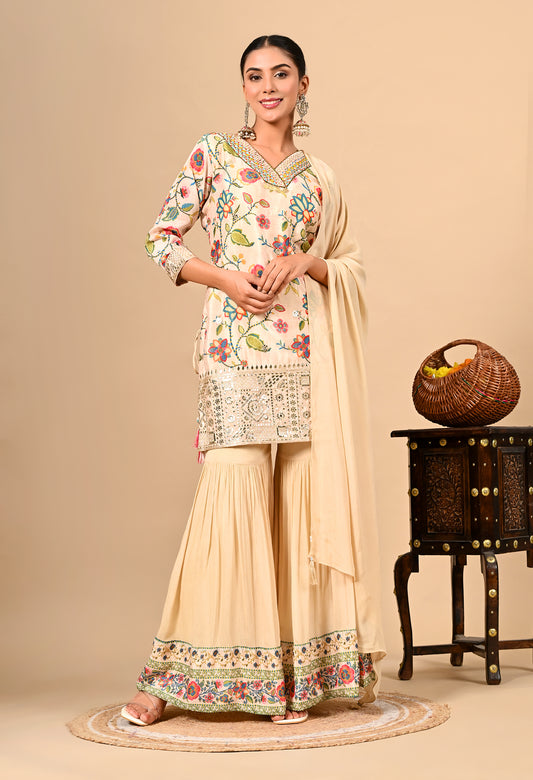 Golden Cream Gharara  Set with Gotta, Thread, and Sequence Work