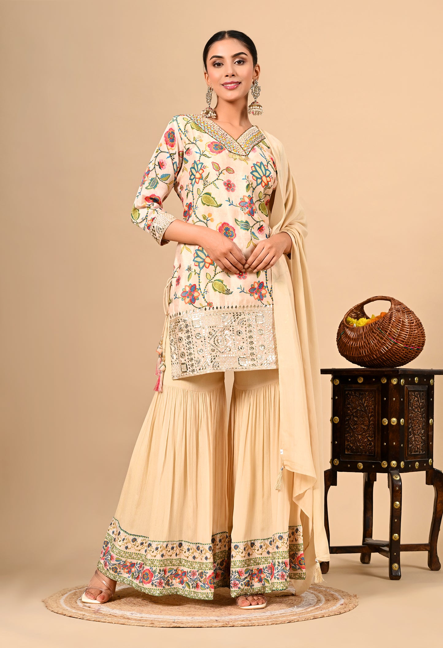 Golden Cream Gharara Set with Gotta, Thread, and Sequence Work