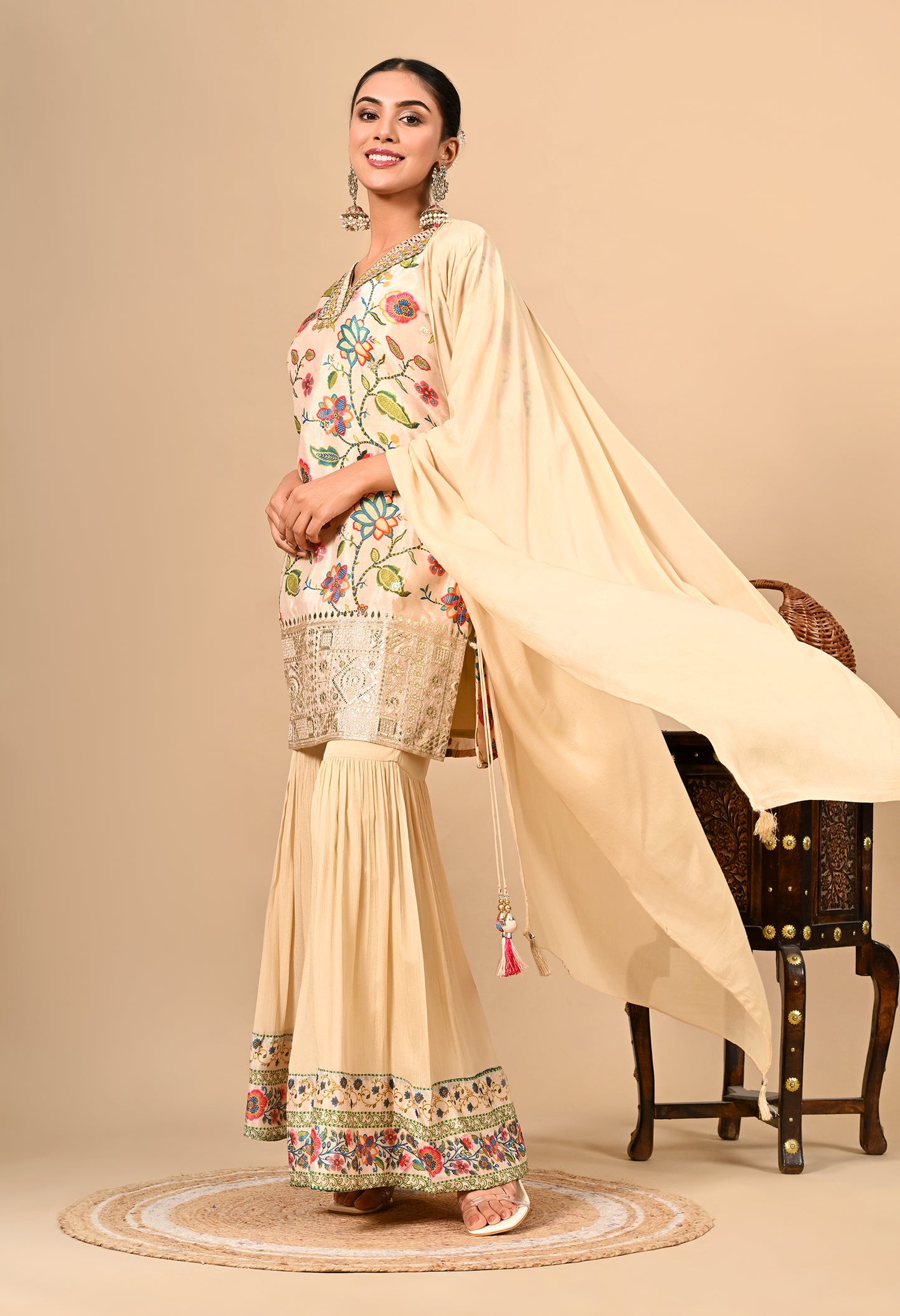 Golden Cream Gharara Set with Gotta, Thread, and Sequence Work