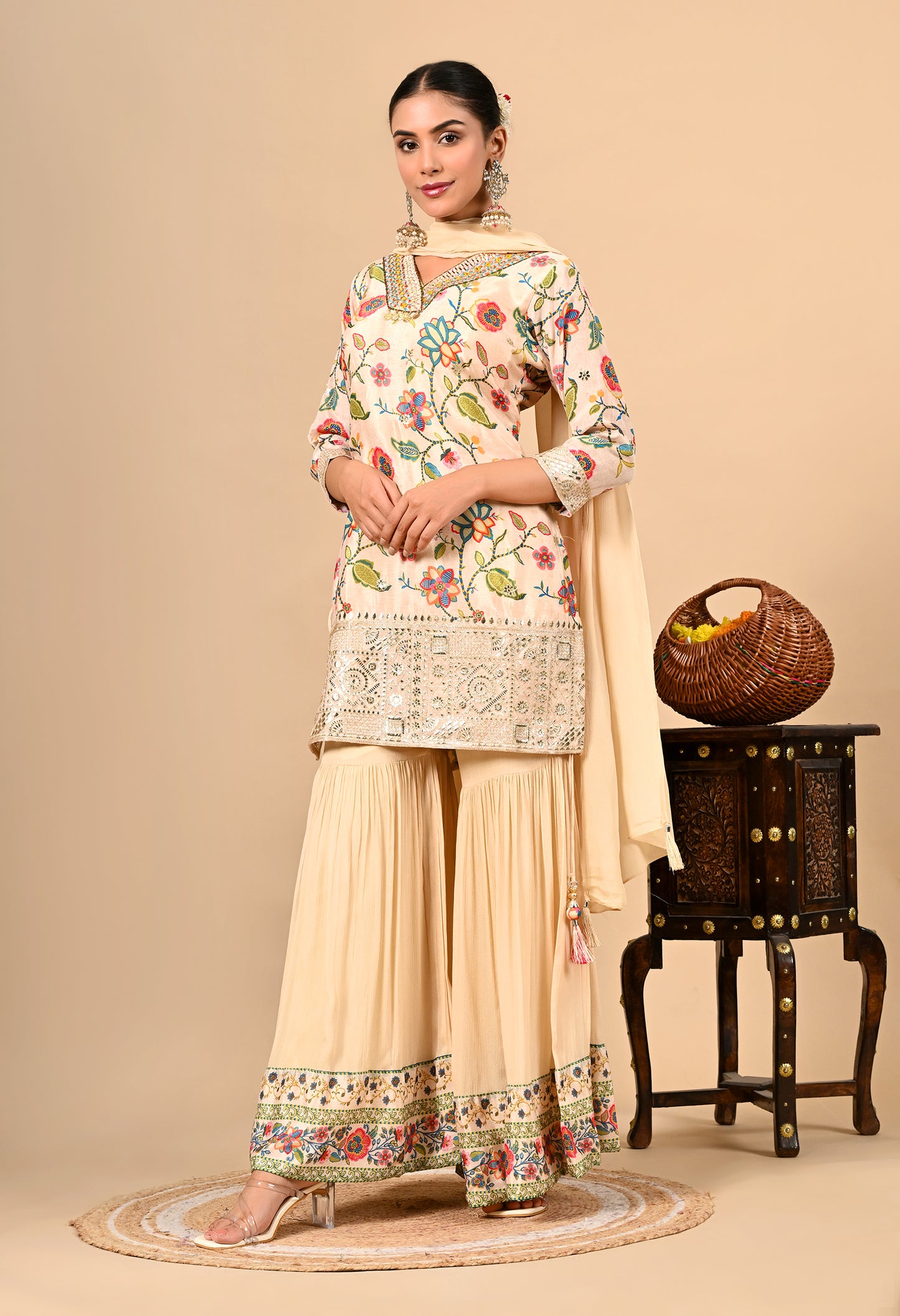 Golden Cream Gharara Set with Gotta, Thread, and Sequence Work