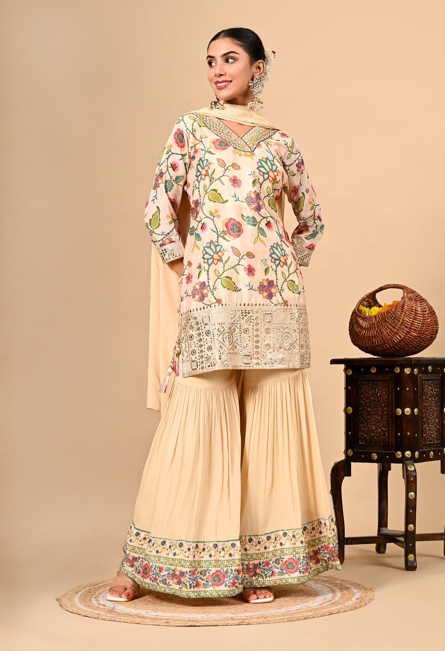 Golden Cream Gharara Set with Gotta, Thread, and Sequence Work