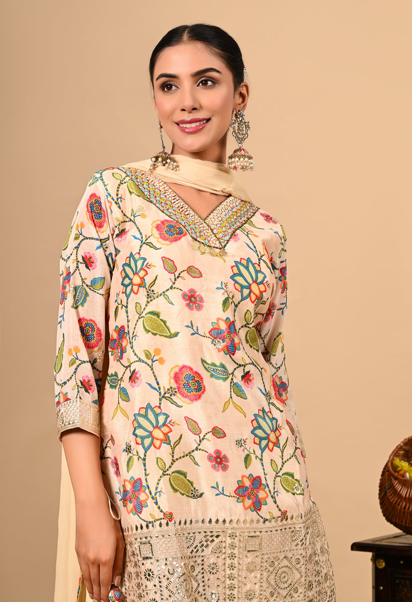 Golden Cream Gharara Set with Gotta, Thread, and Sequence Work
