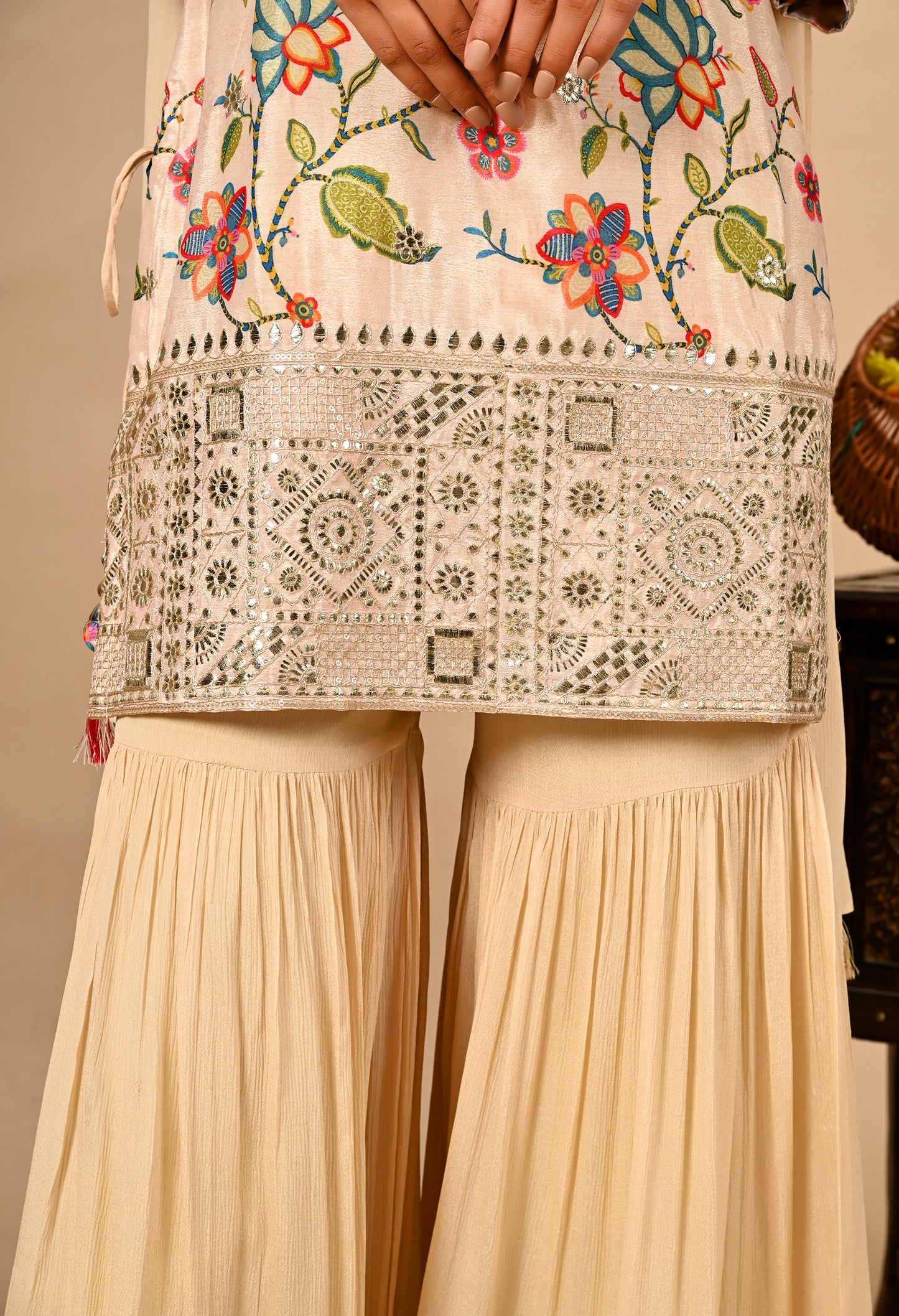 Golden Cream Gharara Set with Gotta, Thread, and Sequence Work